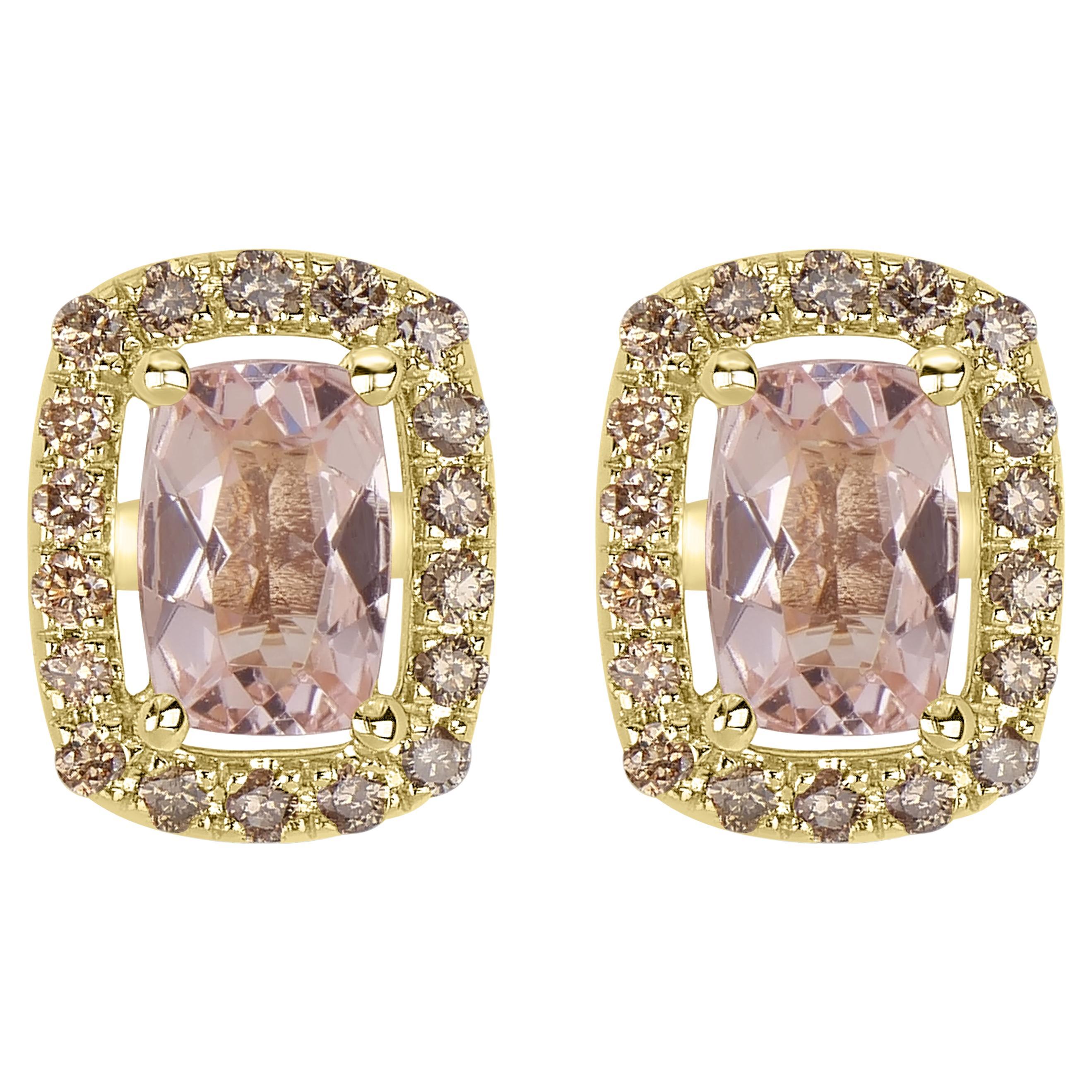 14K Yellow Gold 1.31 Cttw Natural Pink Morganite/Diamond Halo Stud Earrings