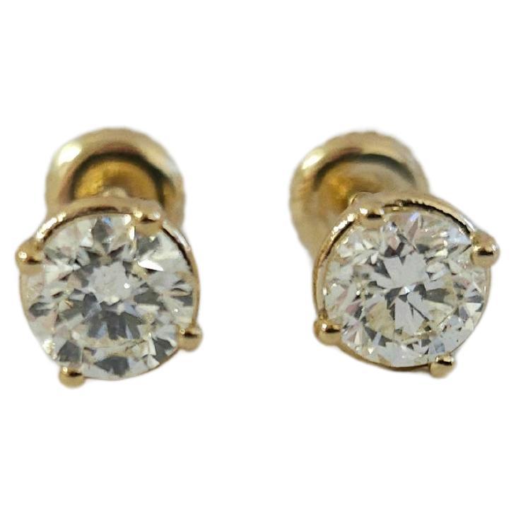 1.31 Ctw Natural Diamond Round Square back Studs Yellow Gold