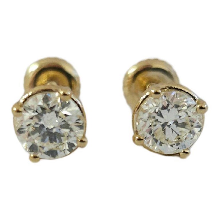 1.31 Ctw Natural Diamond Round Square back Studs Yellow Gold For Sale