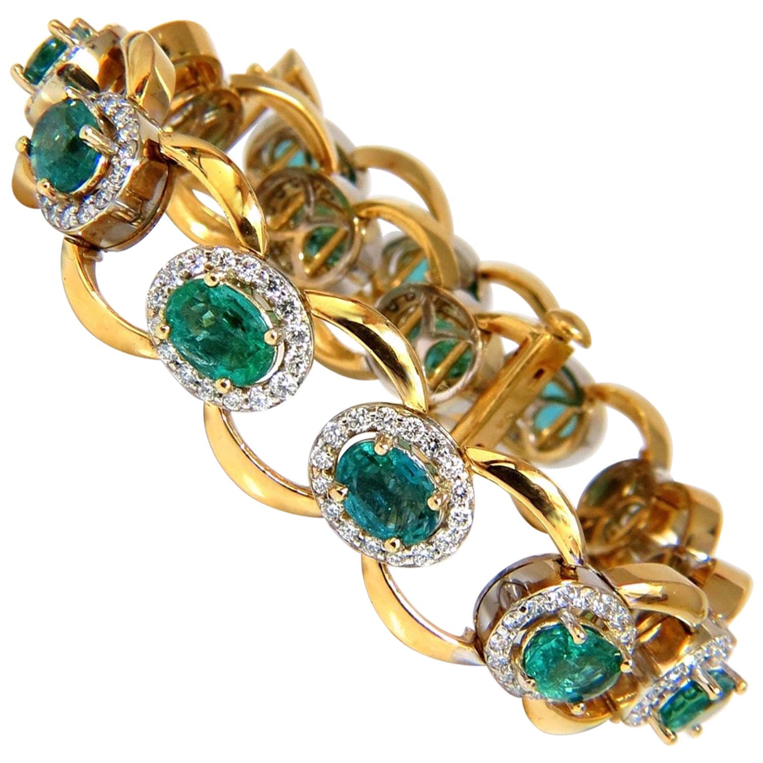 13.10 Carat Bright Vivid Natural Emerald Diamonds Cluster Link Bracelet 14 Karat