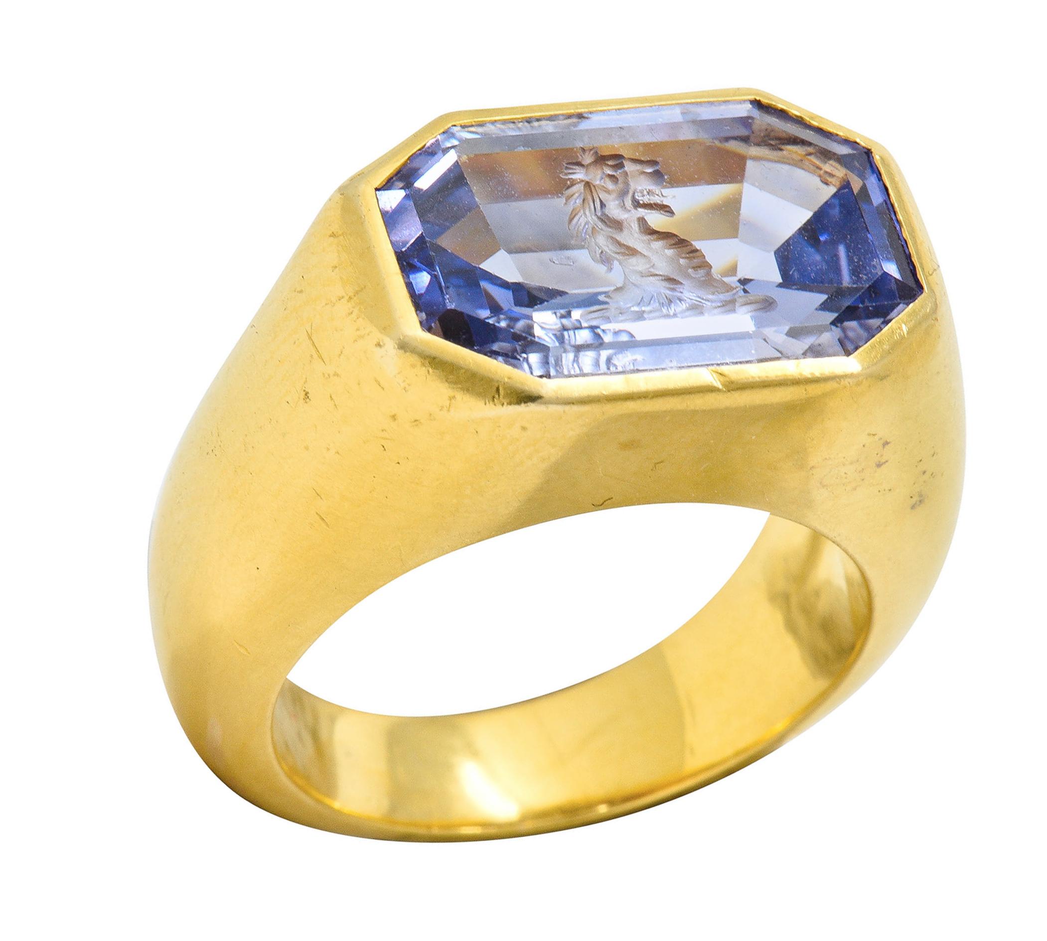 13.10 Carat Color-Change No Heat Sapphire Intaglio 22 Karat Gold Signet Ring 1