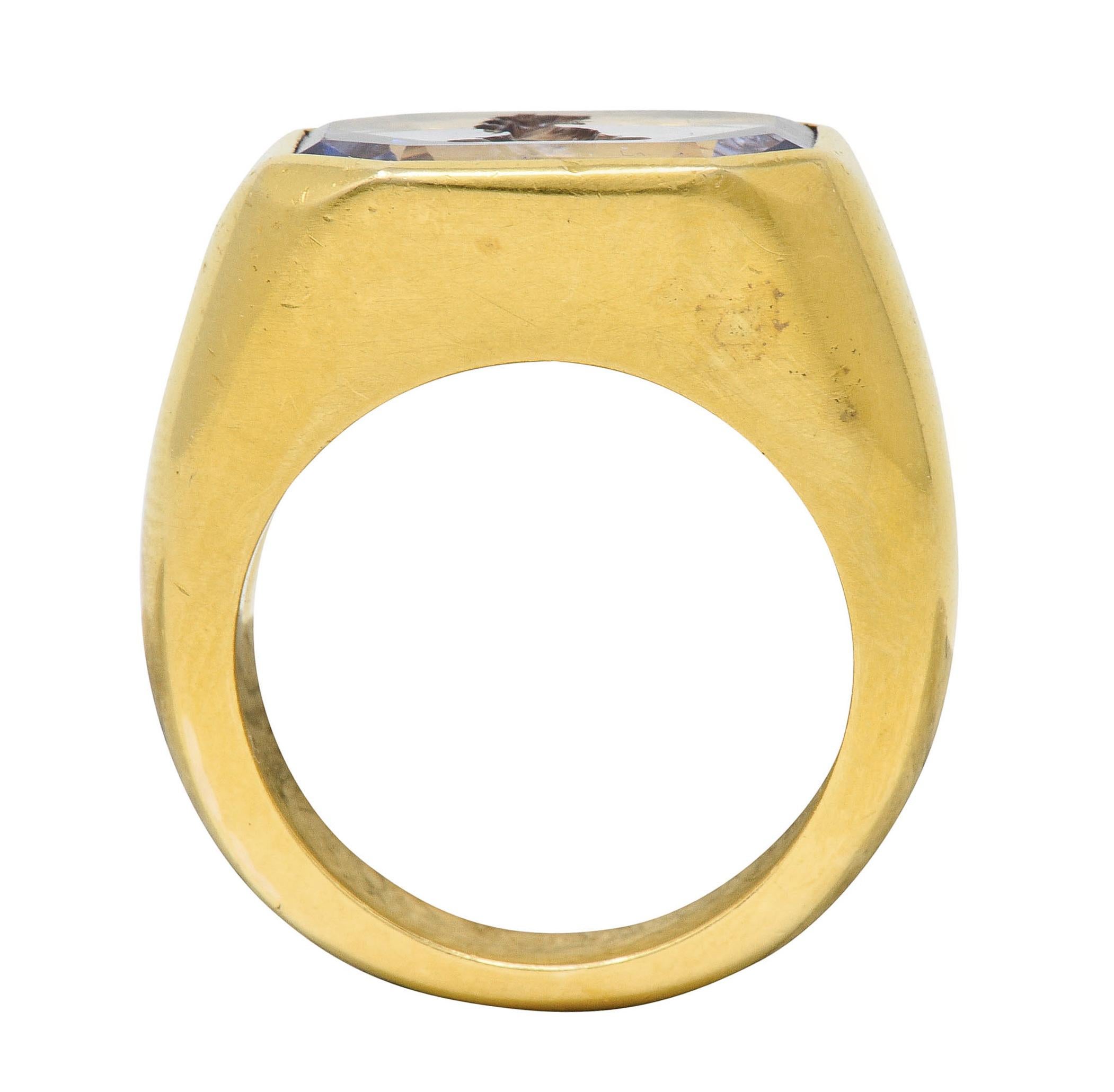 Octagon Cut 13.10 Carat Color-Change No Heat Sapphire Intaglio 22 Karat Gold Signet Ring