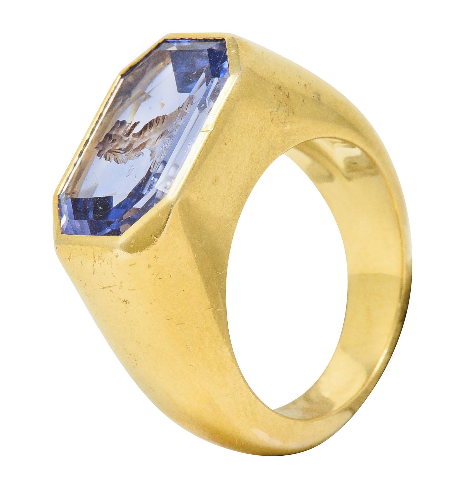 13.10 Carat Color-Change No Heat Sapphire Intaglio 22 Karat Gold Signet Ring In Excellent Condition In Philadelphia, PA