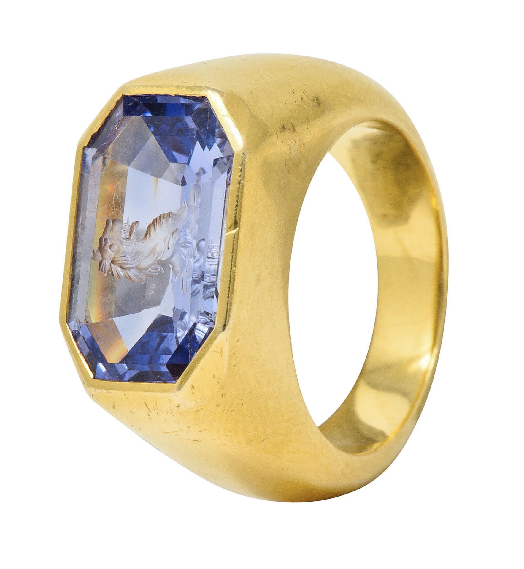 Women's or Men's 13.10 Carat Color-Change No Heat Sapphire Intaglio 22 Karat Gold Signet Ring