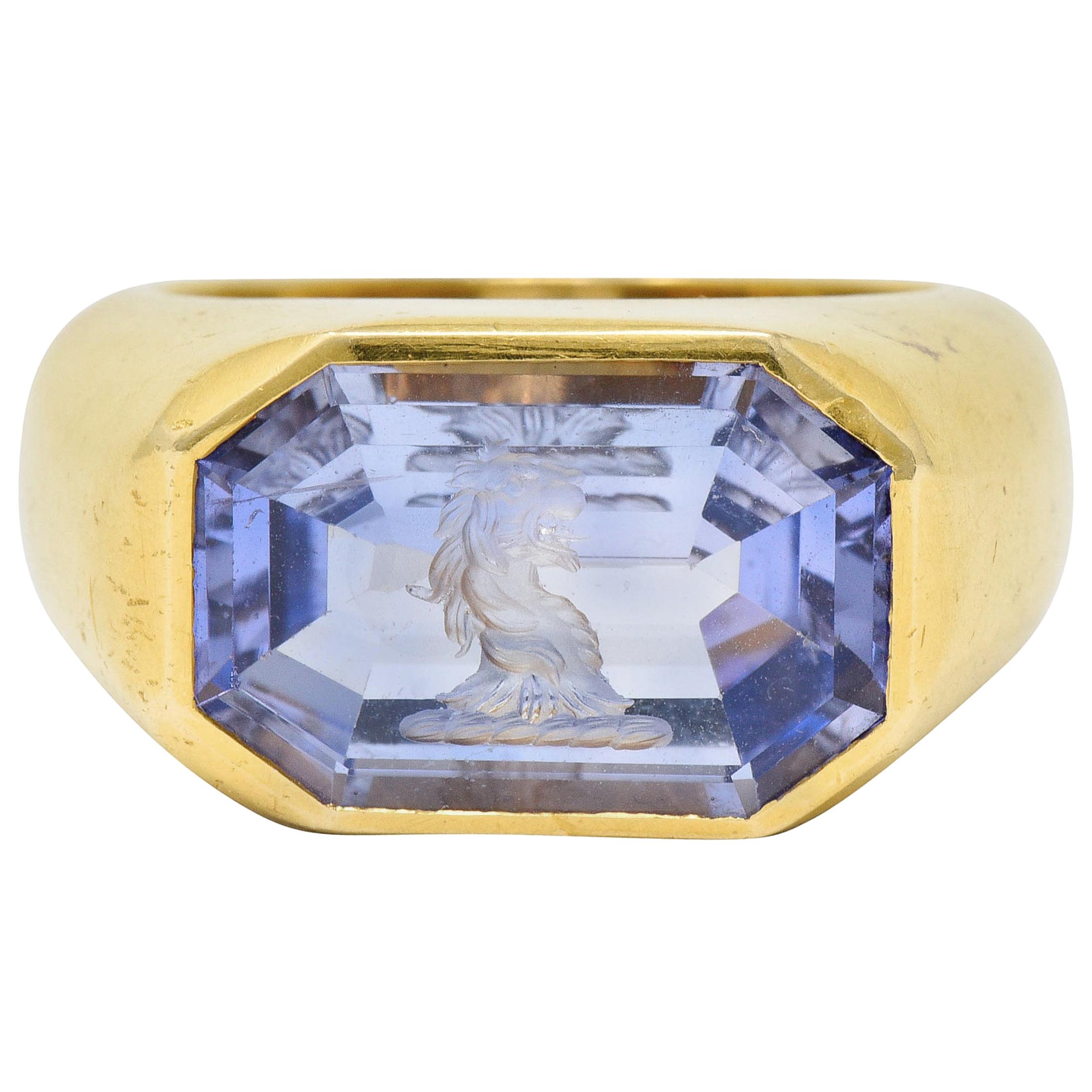 13.10 Carat Color-Change No Heat Sapphire Intaglio 22 Karat Gold Signet Ring
