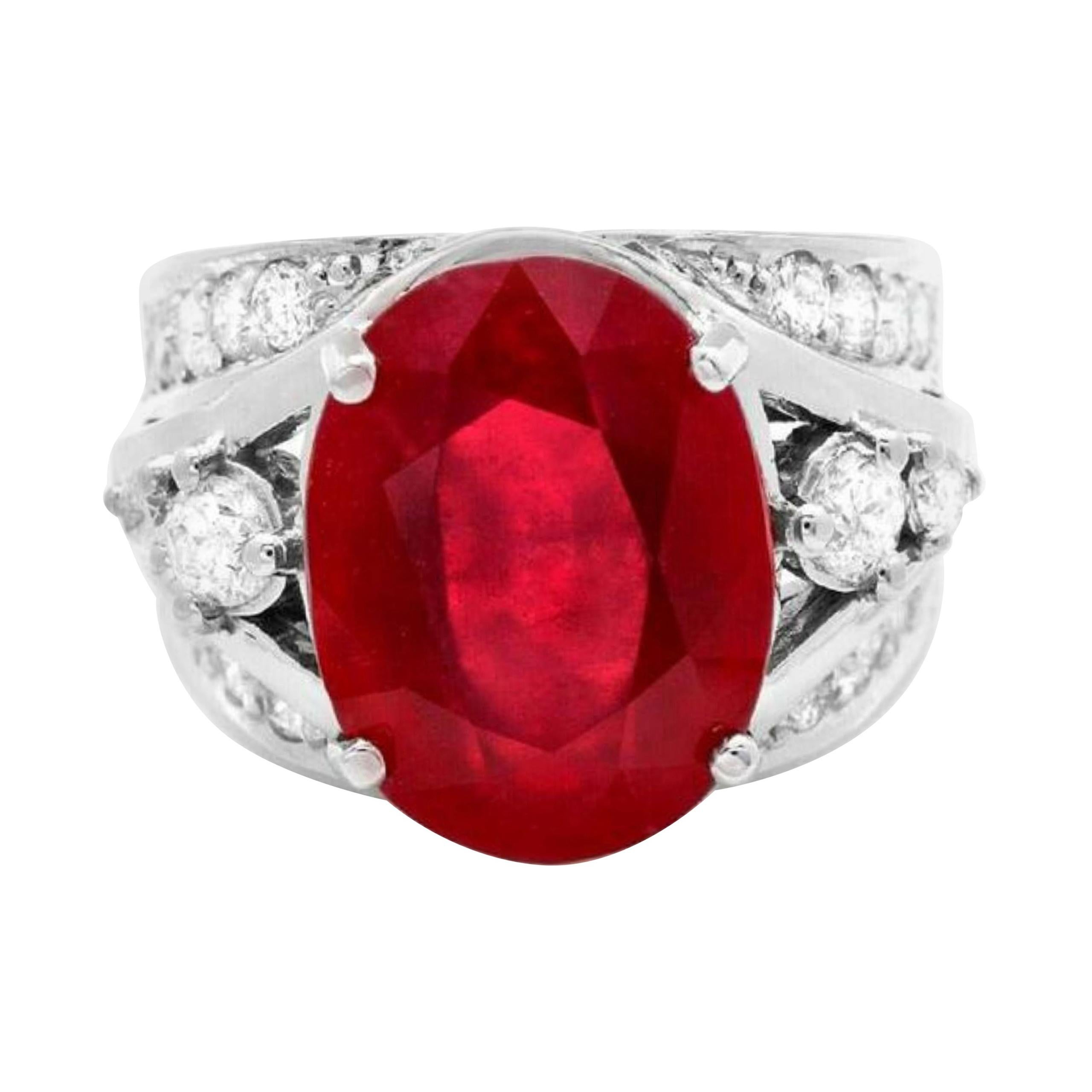 13.10 Carat Impressive Natural Red Ruby and Diamond 14 Karat White Gold Ring For Sale