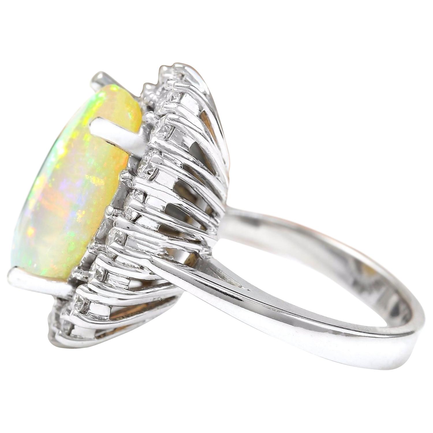 Oval Cut Natural Opal Diamond Ring In 14 Karat Solid White Gold  For Sale