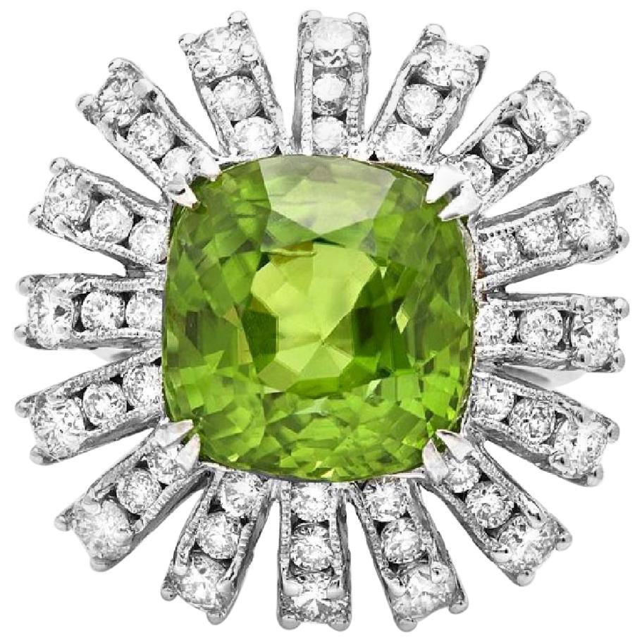 13.10 Carat Natural Very Nice Looking Peridot and Diamond 14K Solid Gold Ring For Sale
