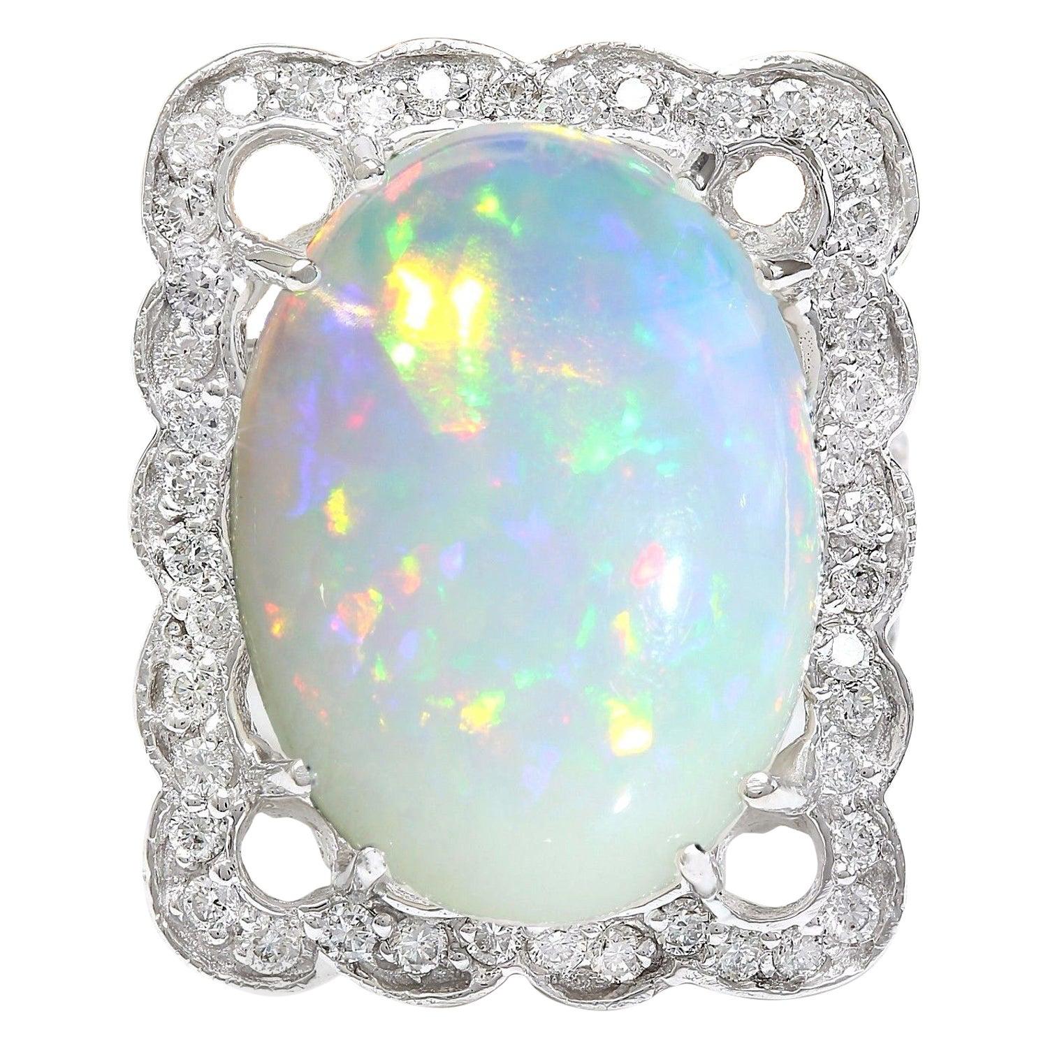 13.10 Carat Opal 18 Karat Solid White Gold Diamond Ring For Sale