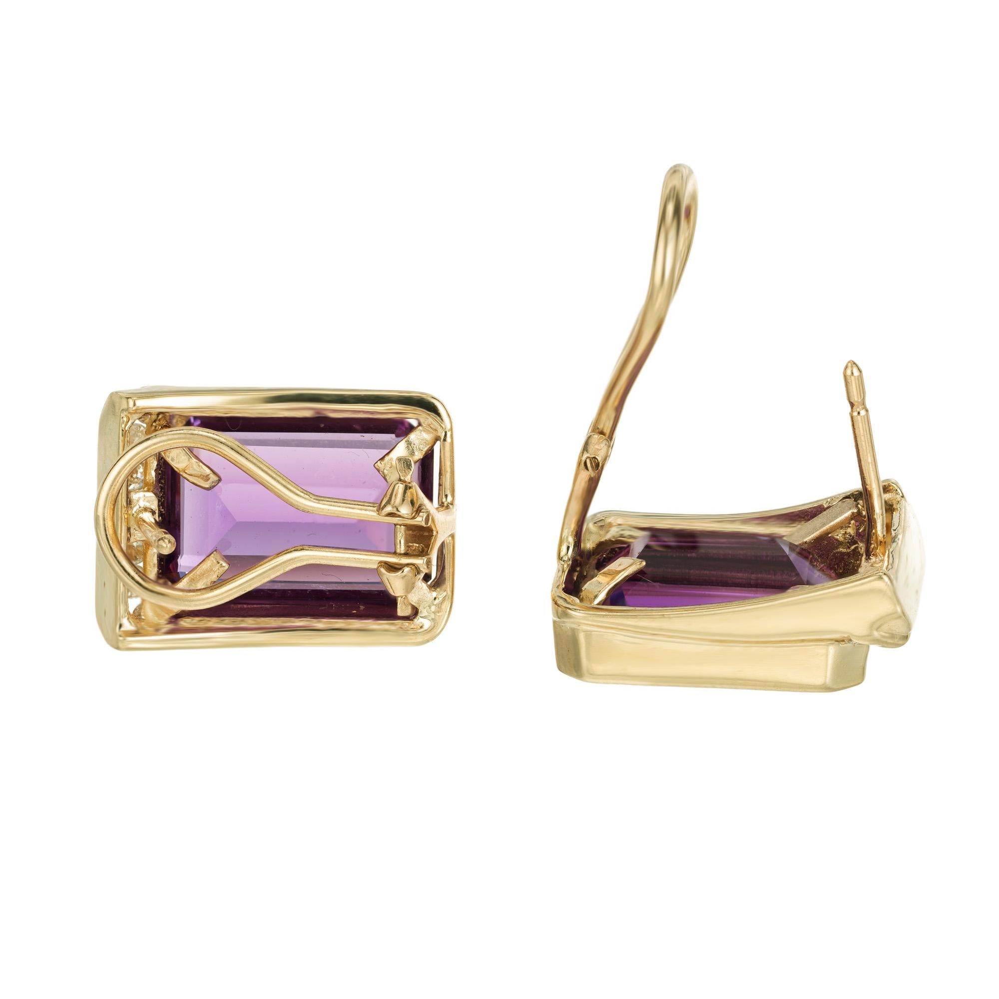 Taille ronde Boucles d'oreilles à levier en or jaune 13.10 carats Améthyste Diamant Rectangulaire en vente