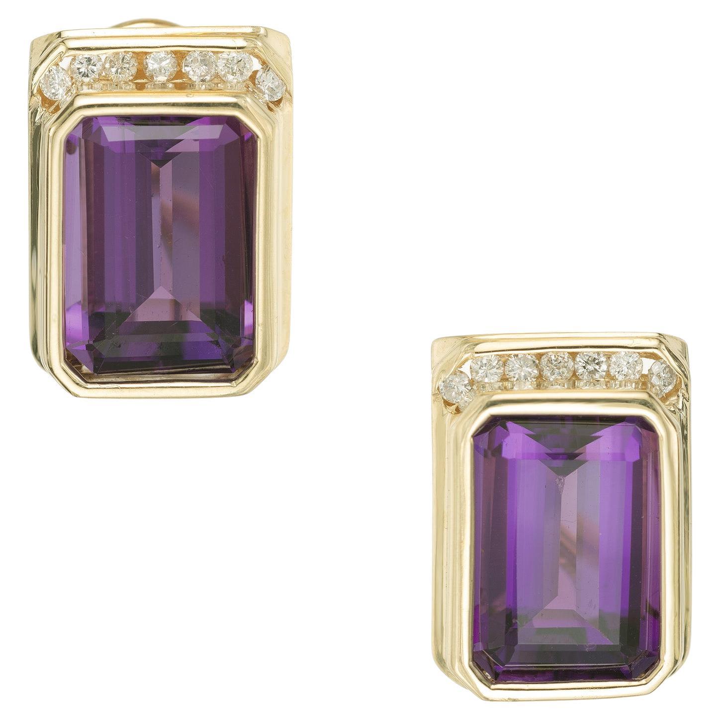 13.10 Carat Rectangular Amethyst Diamond Yellow Gold Lever Back Earrings