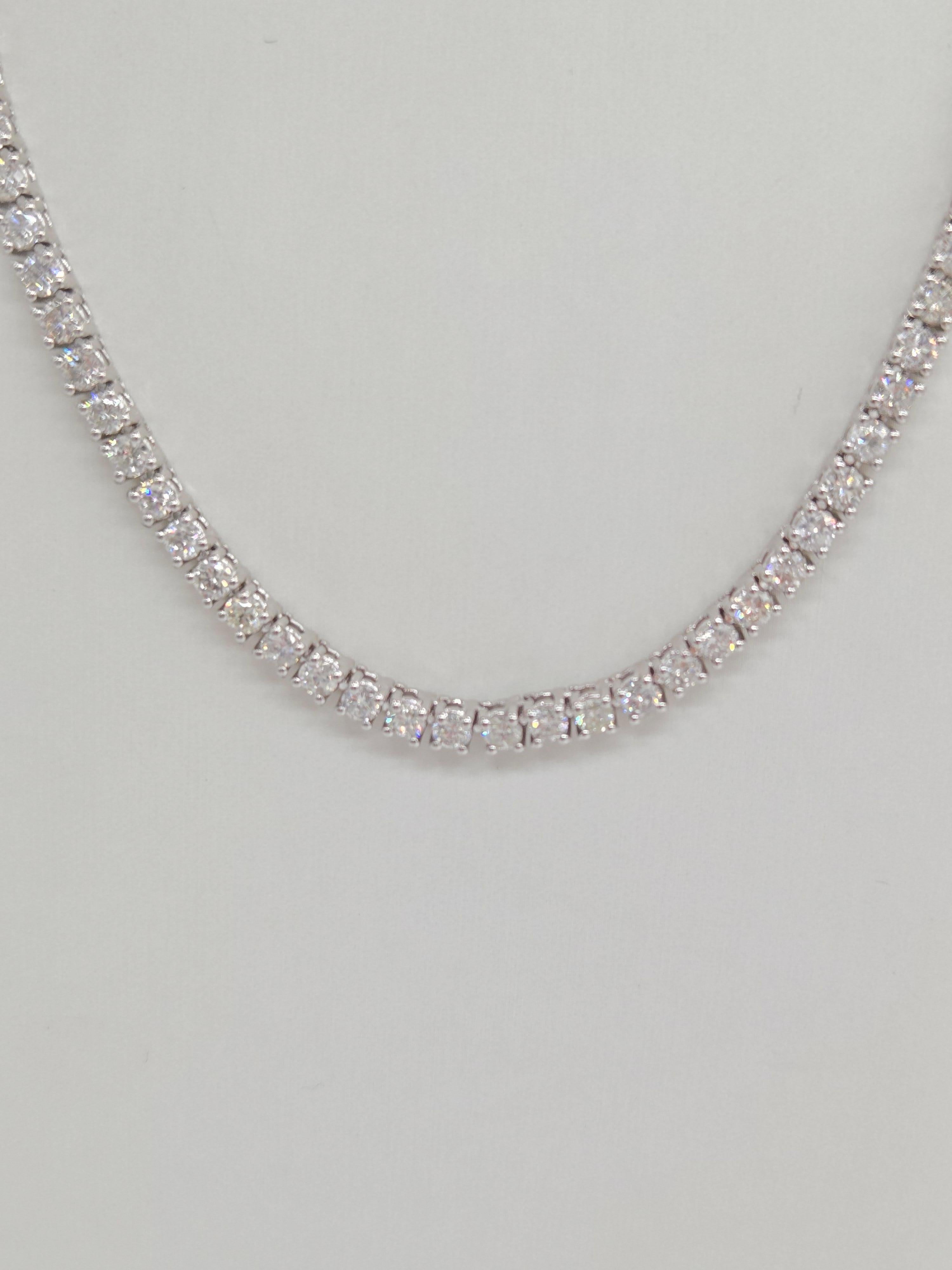 Round Cut 13.10 Carat Round Brilliant Cut Diamond Tennis Necklace 14 Karat White Gold 16''