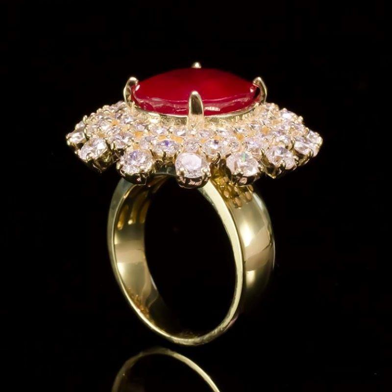 Mixed Cut 13.10 Carats Red Ruby and Natural Diamond 14k Solid Yellow Gold Ring For Sale