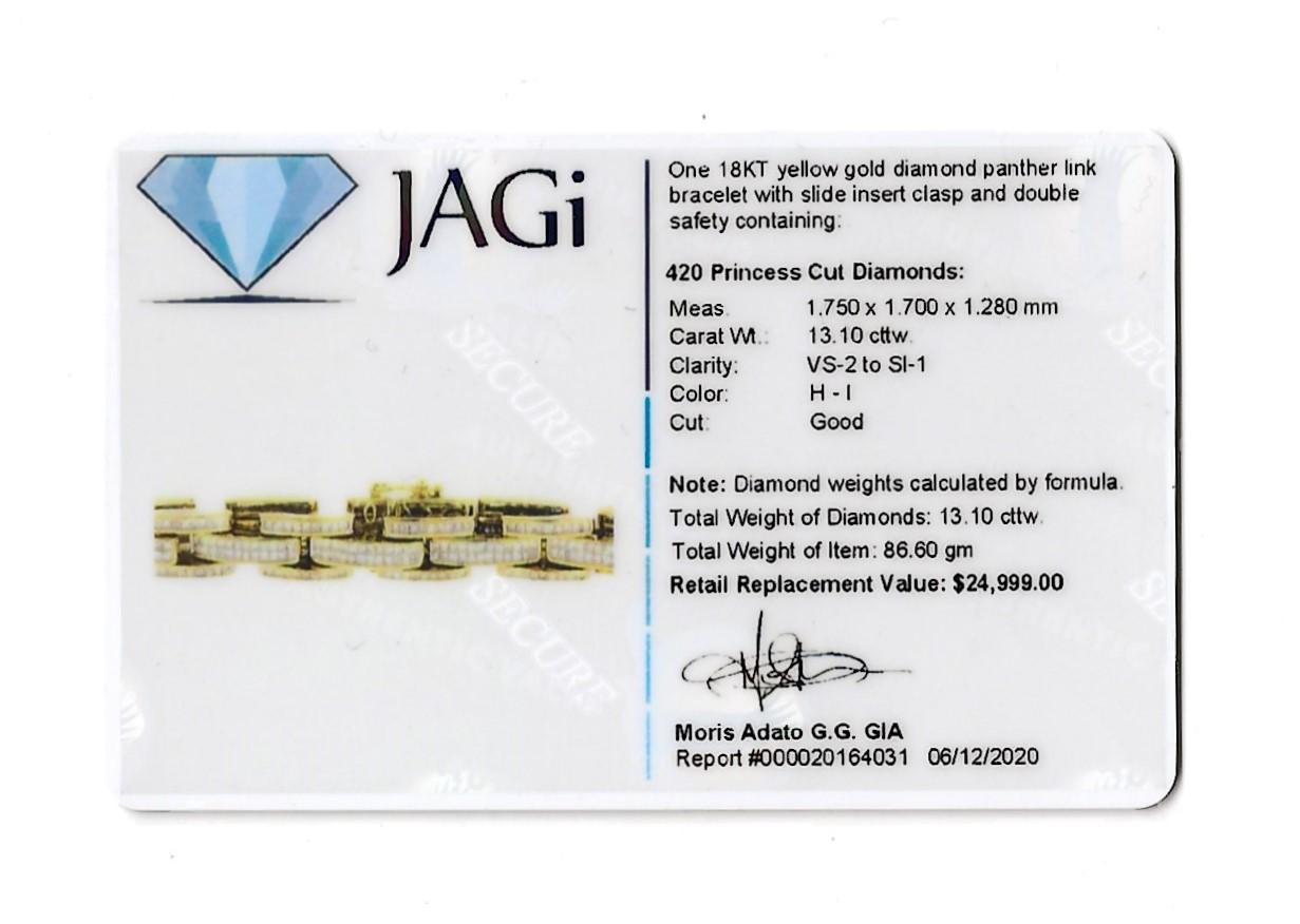 13.10 Carats Total Princess Diamond Panther Link Mens Bracelet in 18 Karat Gold For Sale 6