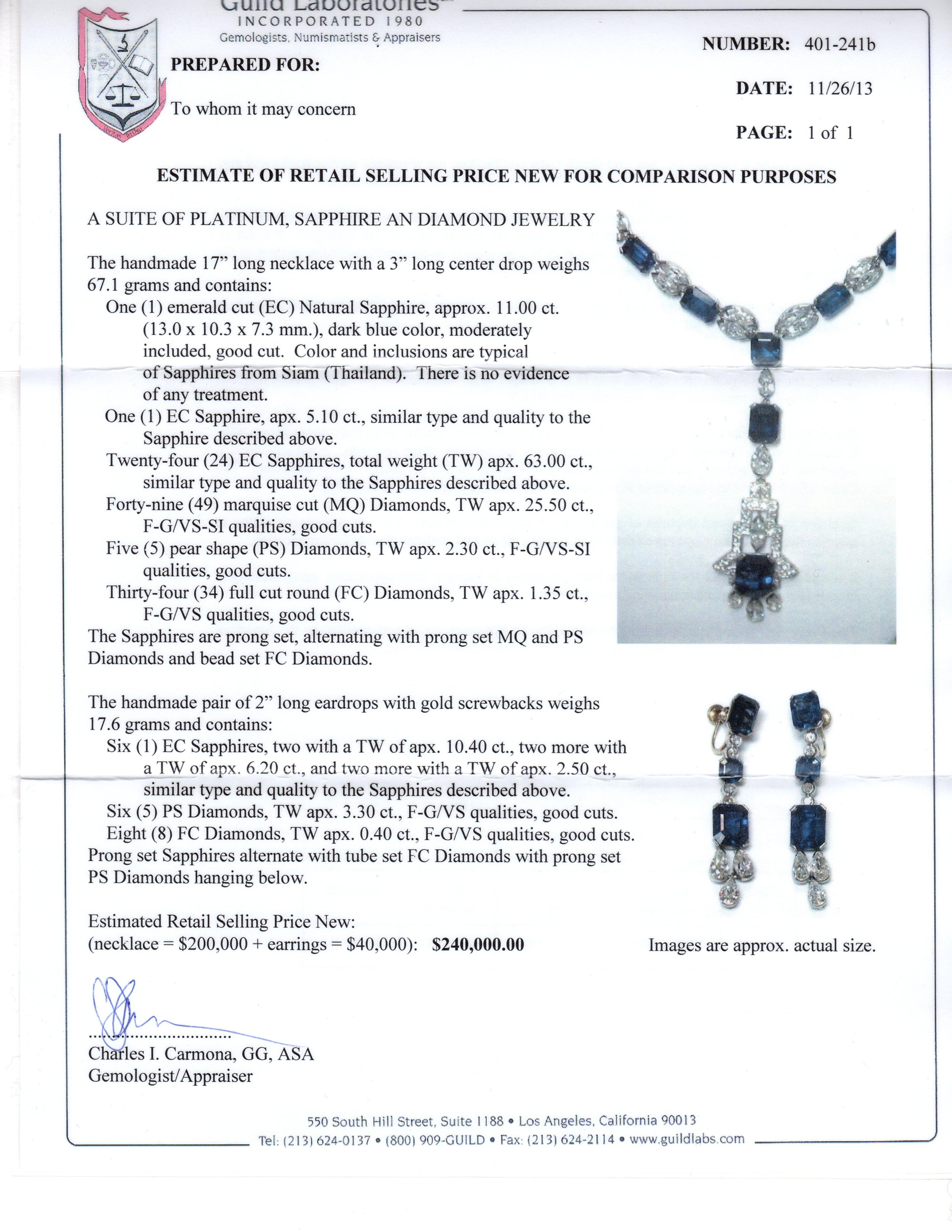 131.05 Carat No Heat Sapphires and Diamonds Necklace and Earrings Platinum In Good Condition For Sale In BEVERLY HILLS, CA