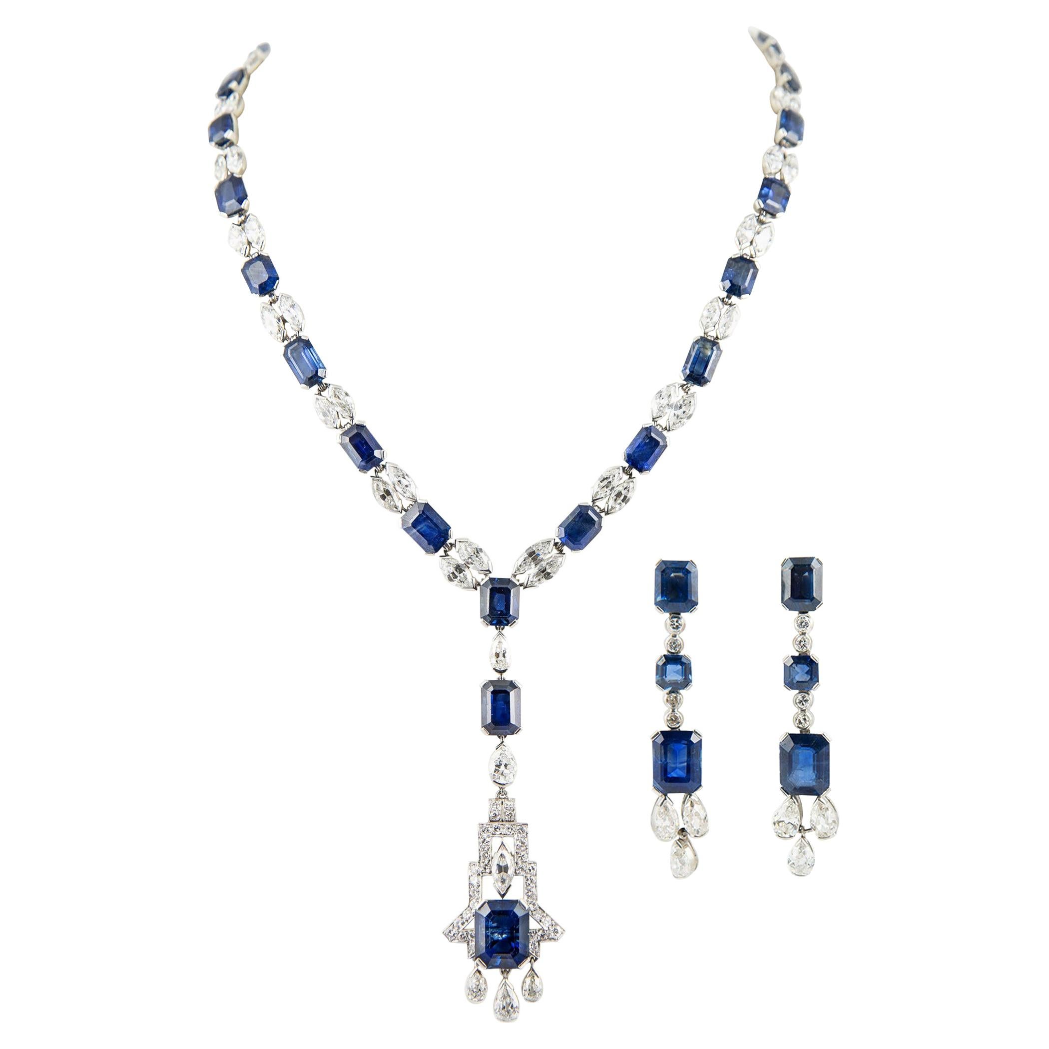 131.05 Carat No Heat Sapphires and Diamonds Necklace and Earrings Platinum