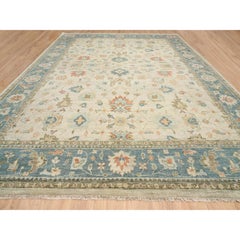 13'10"x18' Light Cream Soft Wool Hand Knotted Oushak Floral Design Oriental Rug
