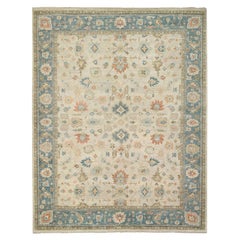 13'10"x18' Light Cream Soft Wool Hand Knotted Oushak Floral Design Oriental Rug