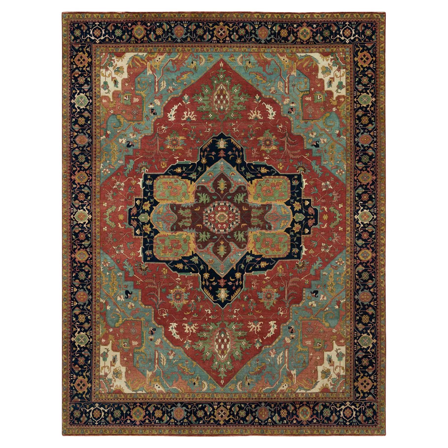 13'10"x18'1" Red Antiqued Hand Knotted Fine Heris Re-Creation Soft Wool Rug