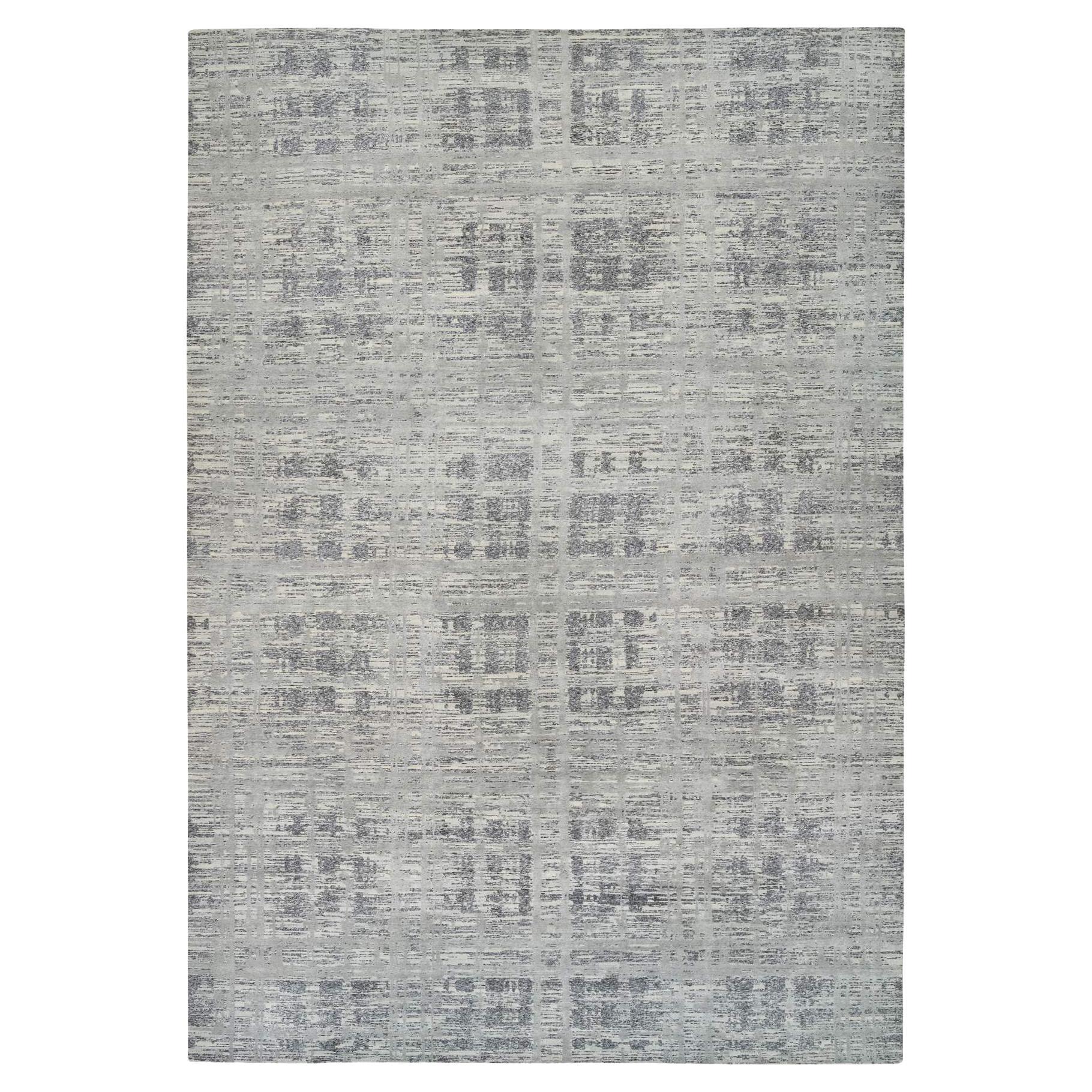 13'10"x20'2" Gray Pure Wool Hand Knotted Modern Criss Cross Design Oriental Rug