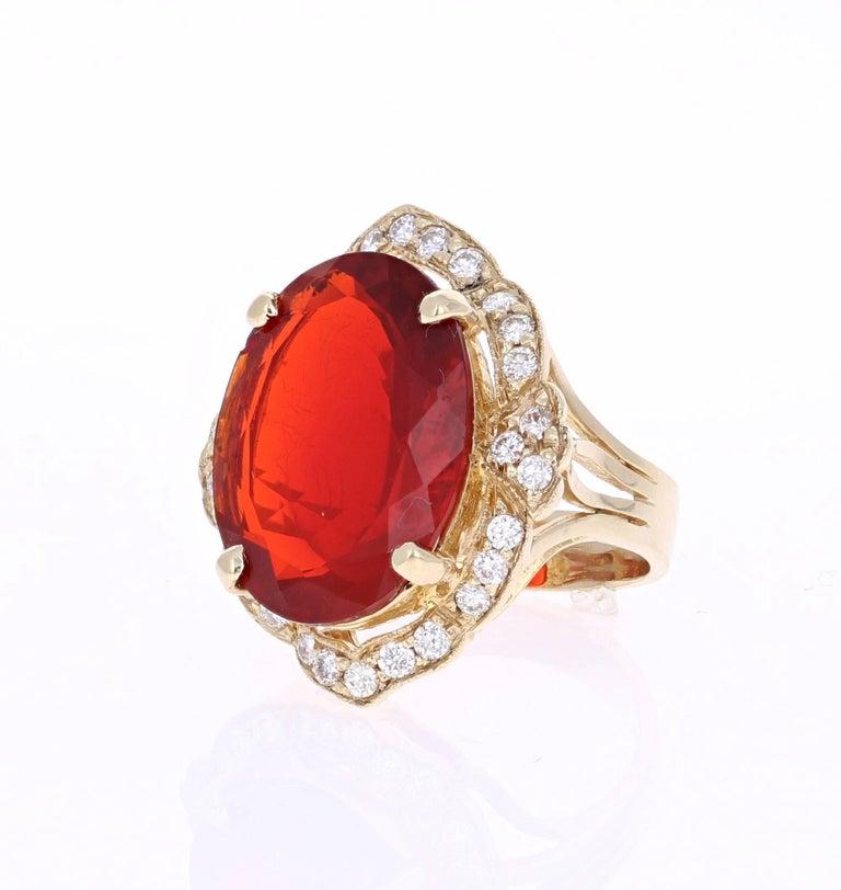 13.11 Carat Fire Opal Diamond 14 Karat Yellow Gold Cocktail Ring In New Condition In Los Angeles, CA