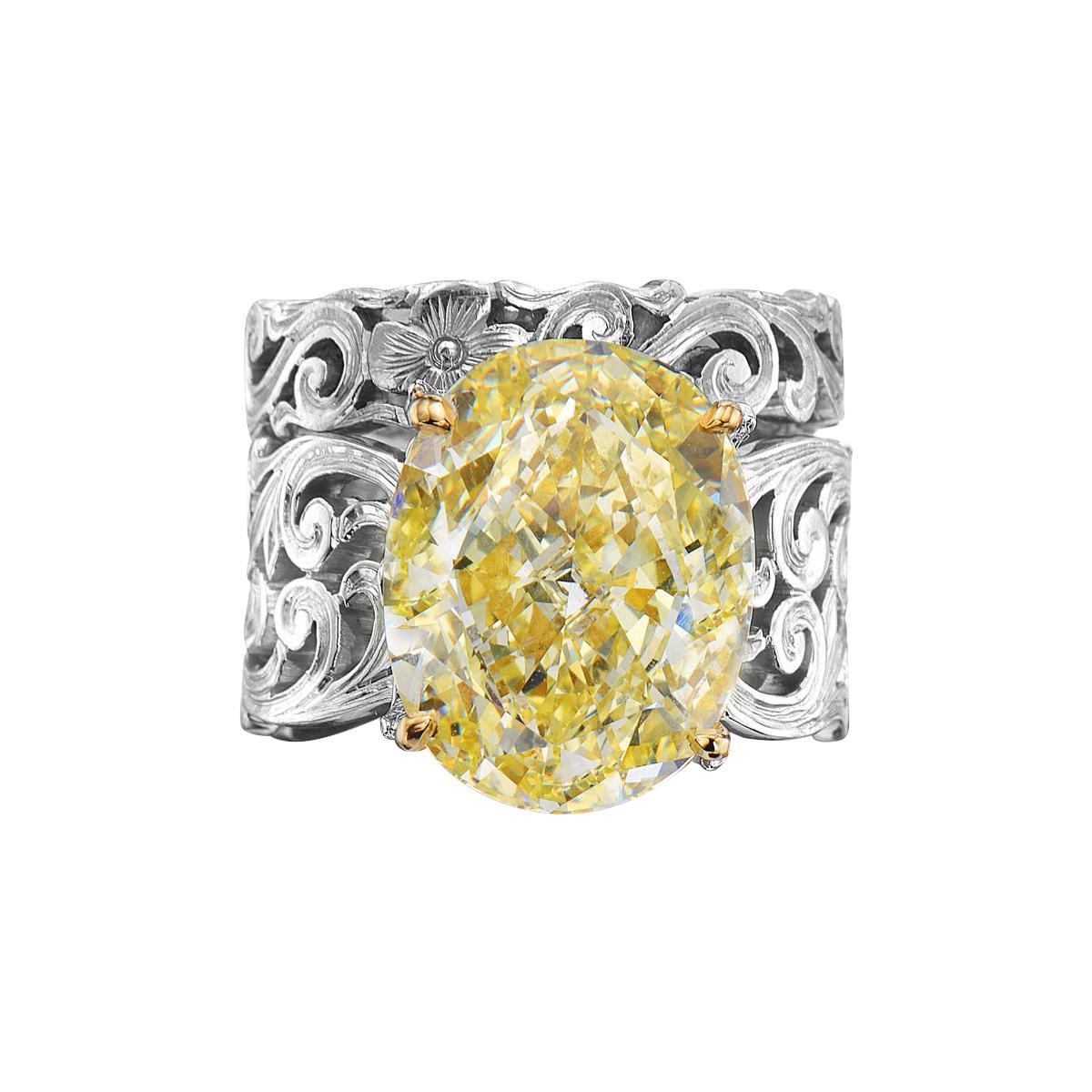 13.11 Carat Oval Fancy Yellow GIA Certified Diamond Engagement Ring and Band