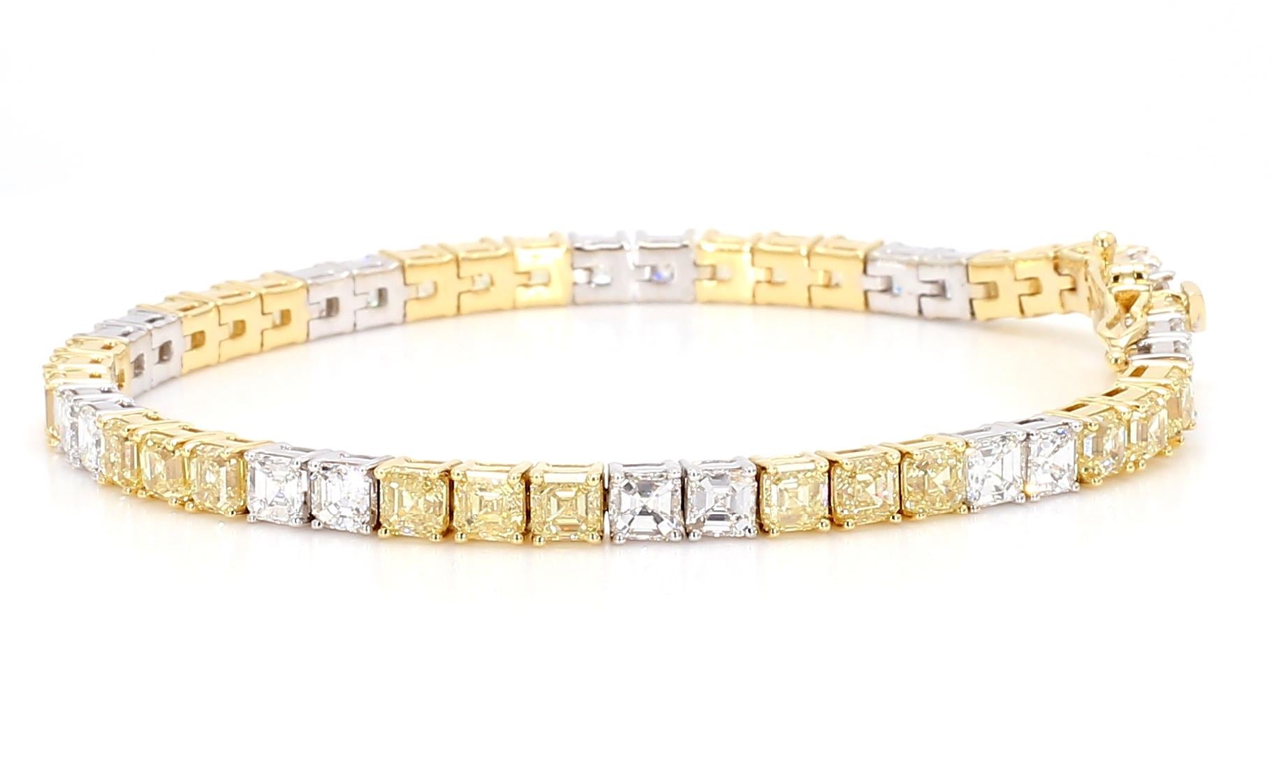 Asscher Cut 13.11 Carats Fancy Yellow & White Diamond Asscher Alternating Bracelet 18K Gold