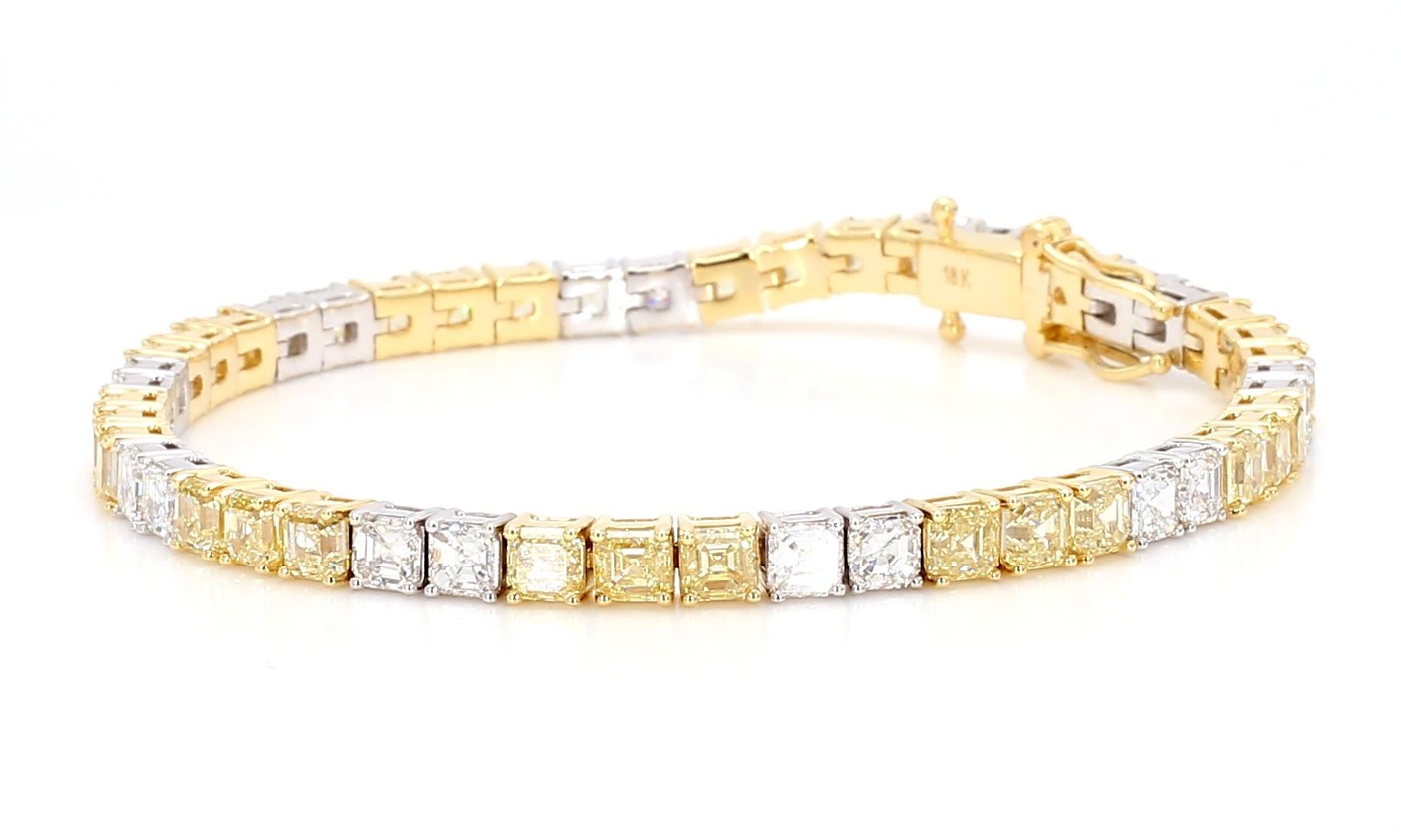 13.11 Carats Fancy Yellow & White Diamond Asscher Alternating Bracelet 18K Gold In New Condition In New York, NY