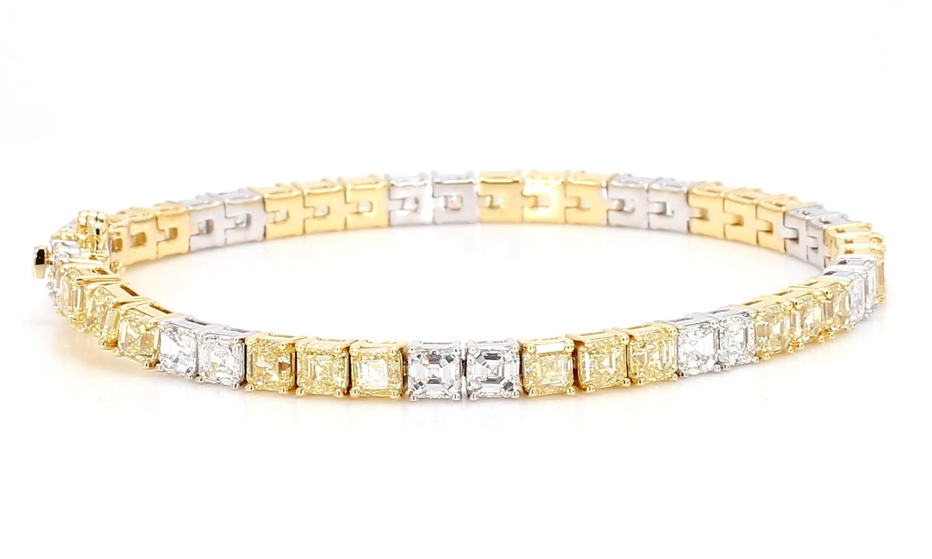Women's 13.11 Carats Fancy Yellow & White Diamond Asscher Alternating Bracelet 18K Gold