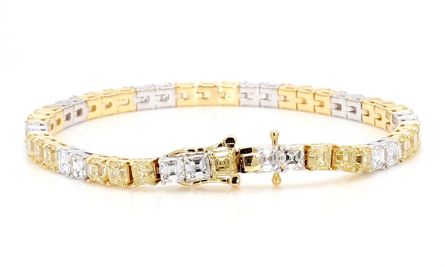 13.11 Carats Fancy Yellow & White Diamond Asscher Alternating Bracelet 18K Gold 3