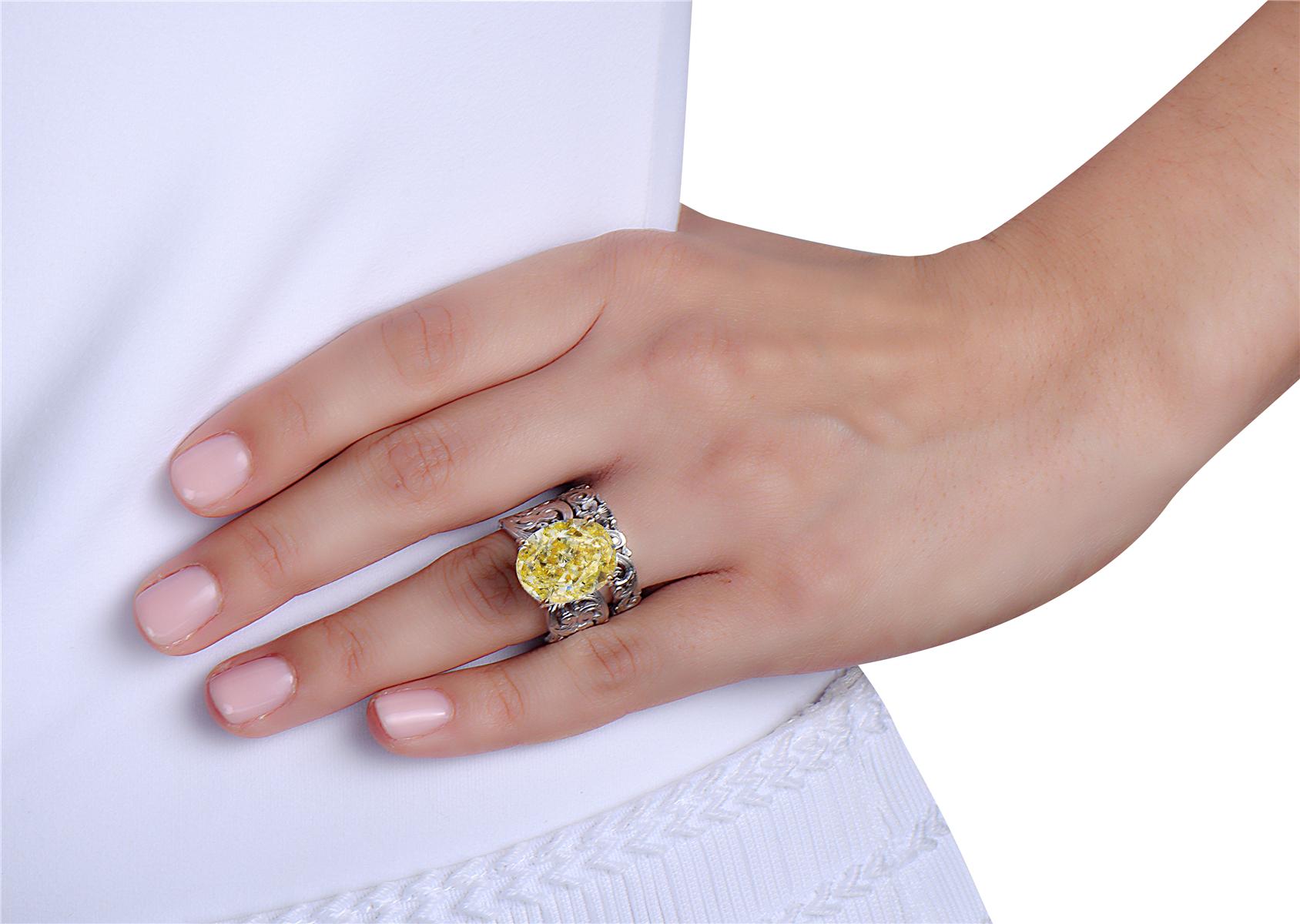 Women's 13.11 Carat Oval Fancy Yellow GIA Certified Diamond Engagement Ring and Band