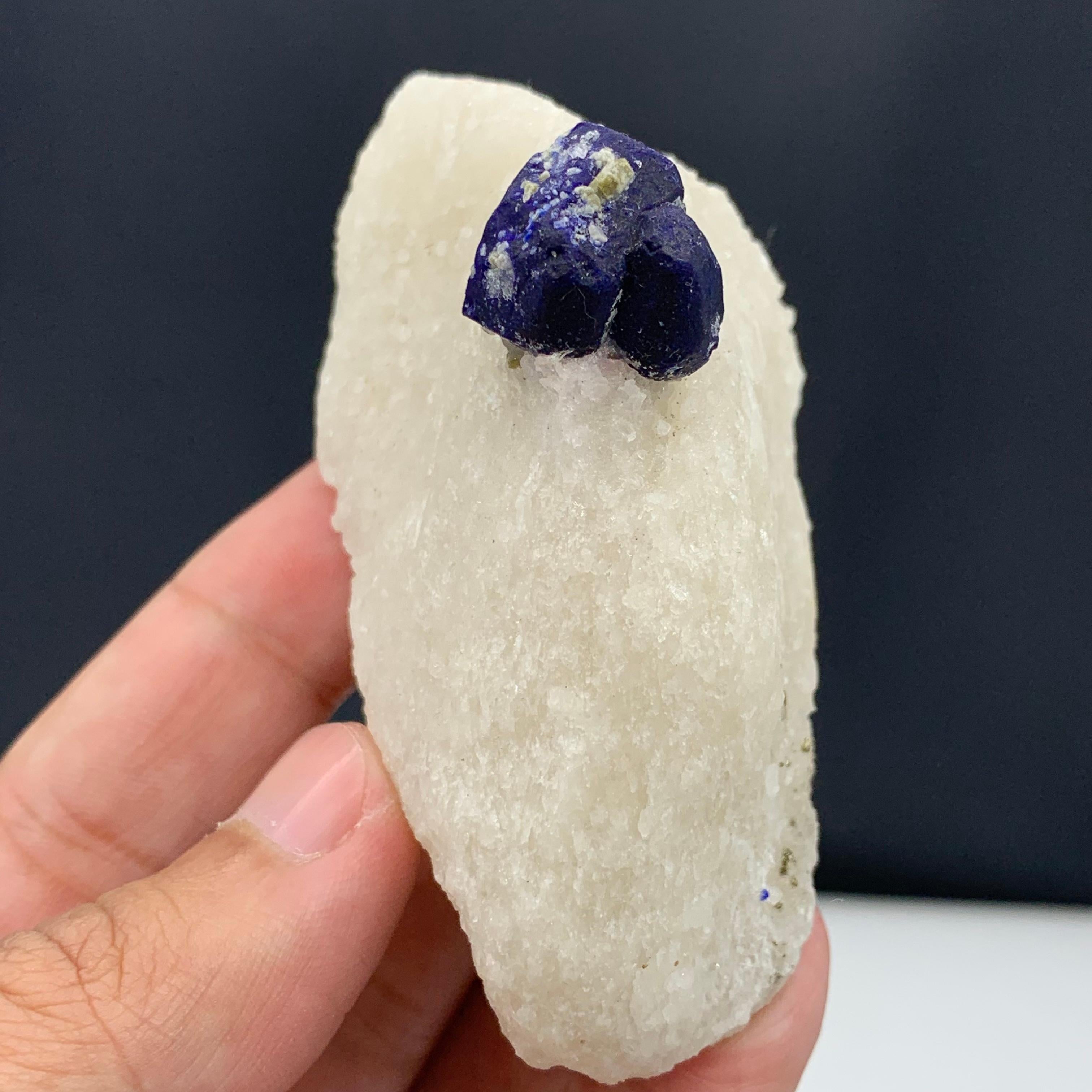 131.15 Gram Glamorous Isolated Lazurite Specimen On Creamy White Calcite Matrix For Sale 7