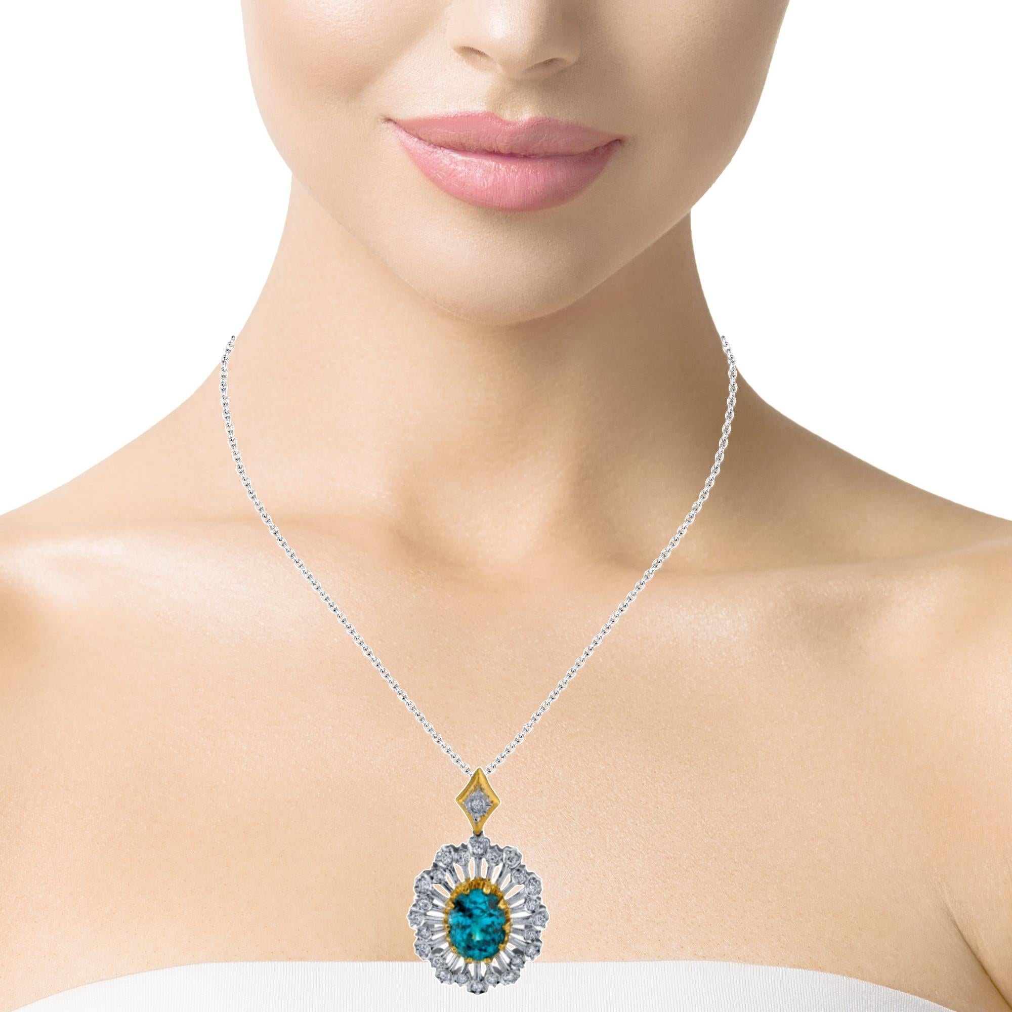13.12 Carat Blue Zircon and Diamond Pendant Necklace in White and Yellow Gold  For Sale 4