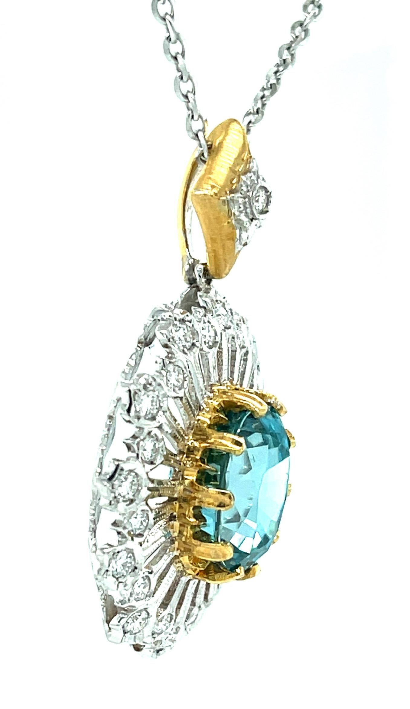 Artisan 13.12 Carat Blue Zircon and Diamond Pendant Necklace in White and Yellow Gold  For Sale