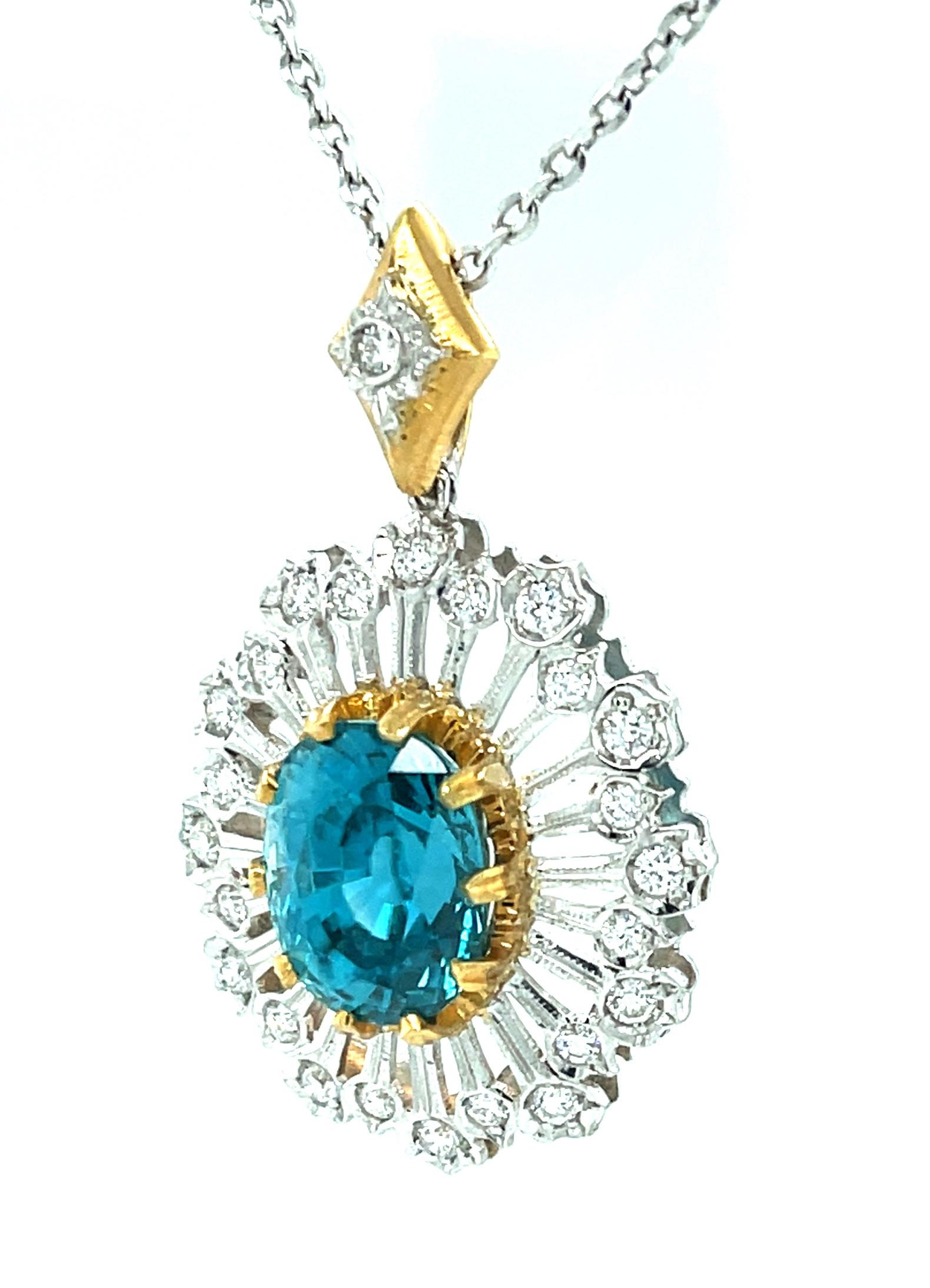 Brilliant Cut 13.12 Carat Blue Zircon and Diamond Pendant Necklace in White and Yellow Gold  For Sale