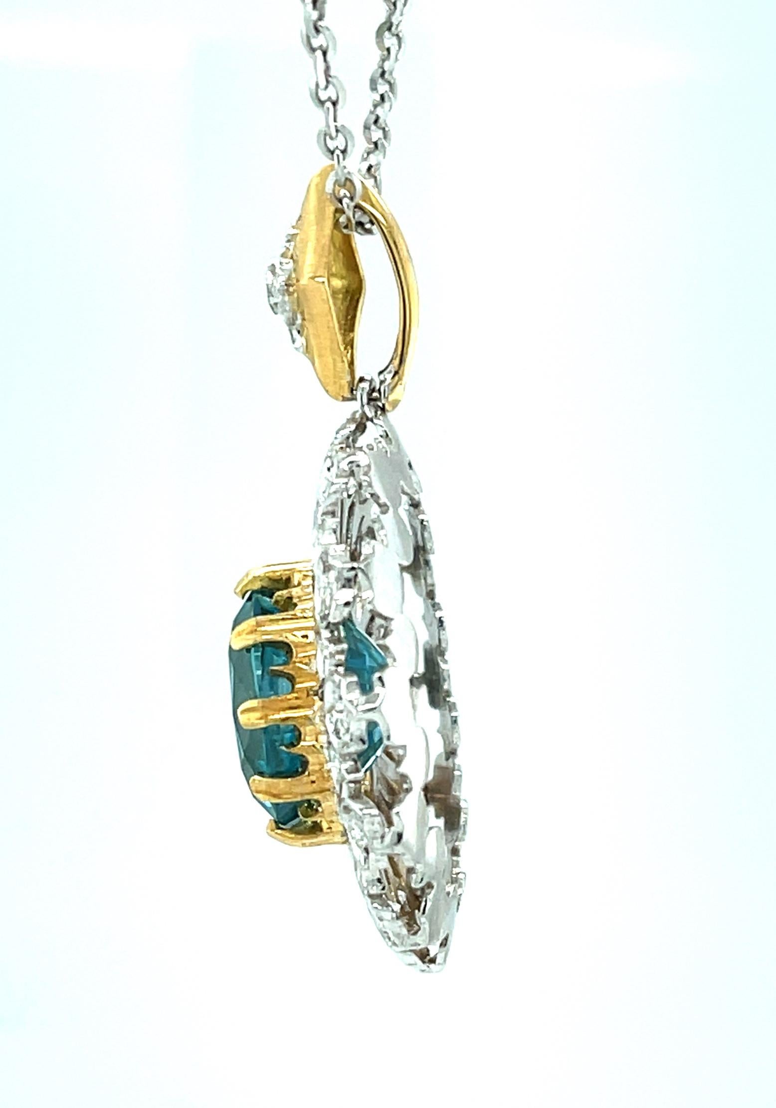 13.12 Carat Blue Zircon and Diamond Pendant Necklace in White and Yellow Gold  In New Condition For Sale In Los Angeles, CA