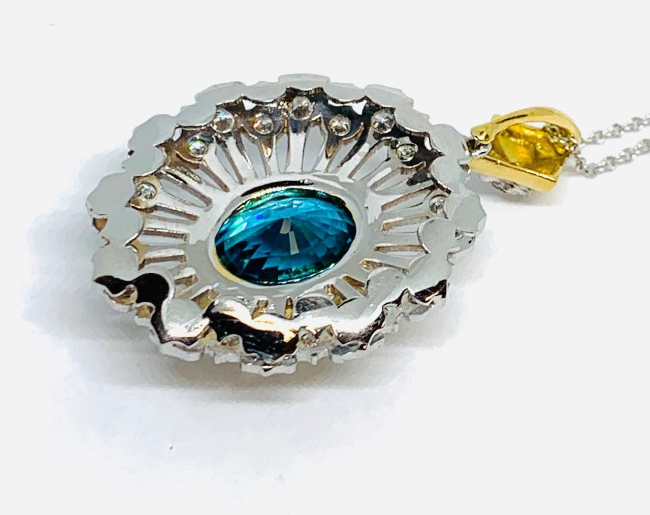 13.12 Carat Blue Zircon and Diamond Pendant Necklace in White and Yellow Gold  For Sale 1