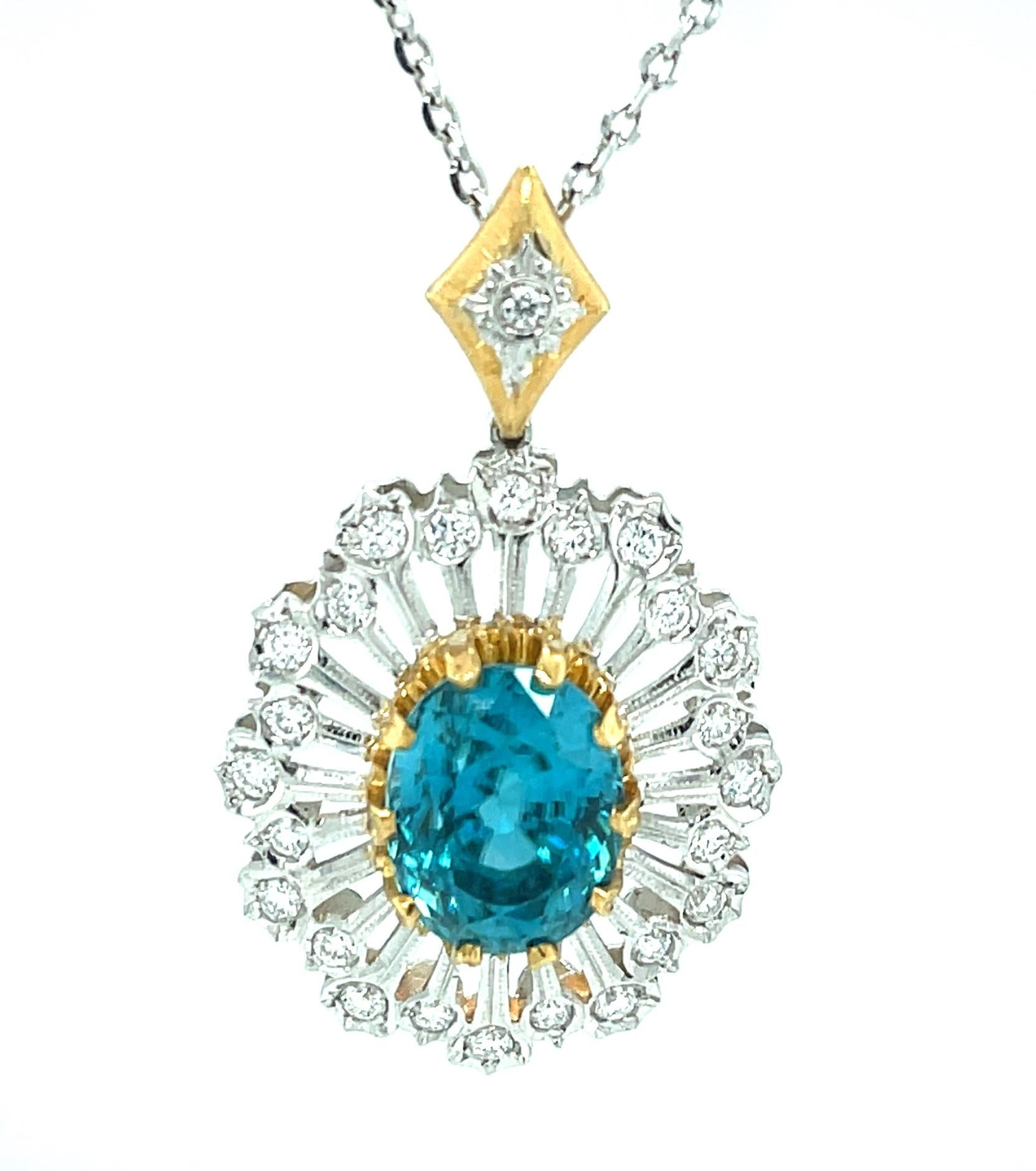 Women's 13.12 Carat Blue Zircon and Diamond Pendant Necklace in White and Yellow Gold  For Sale