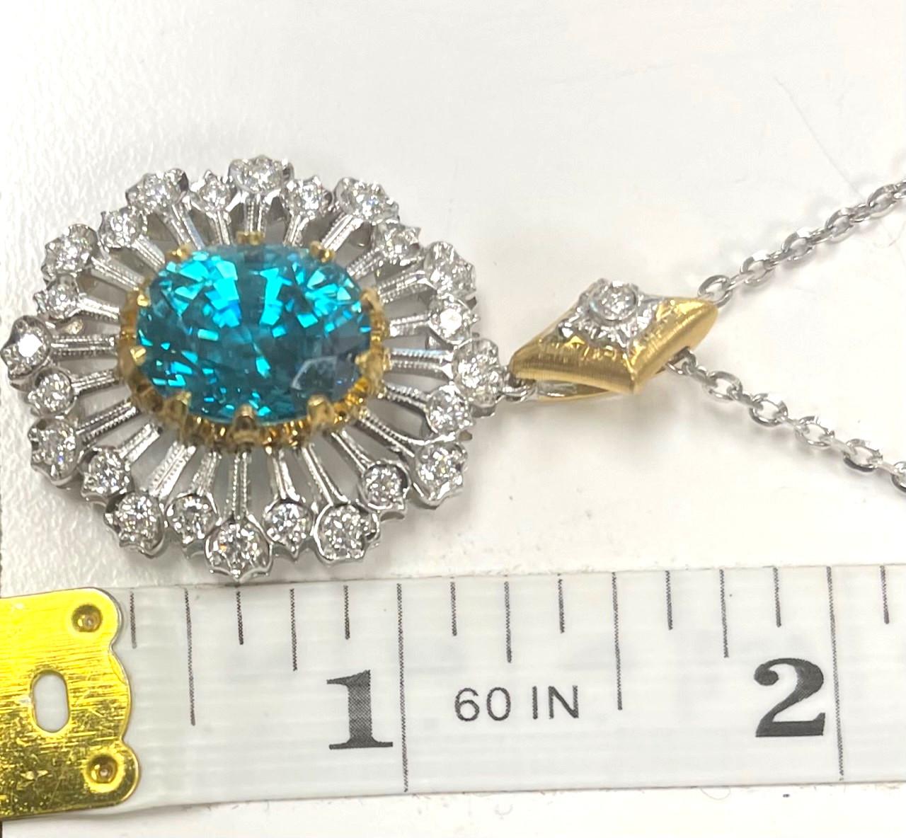 13.12 Carat Blue Zircon and Diamond Pendant Necklace in White and Yellow Gold  For Sale 2