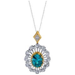 13.12 Carat Blue Zircon and Diamond 18k White and Yellow Gold Pendant Necklace