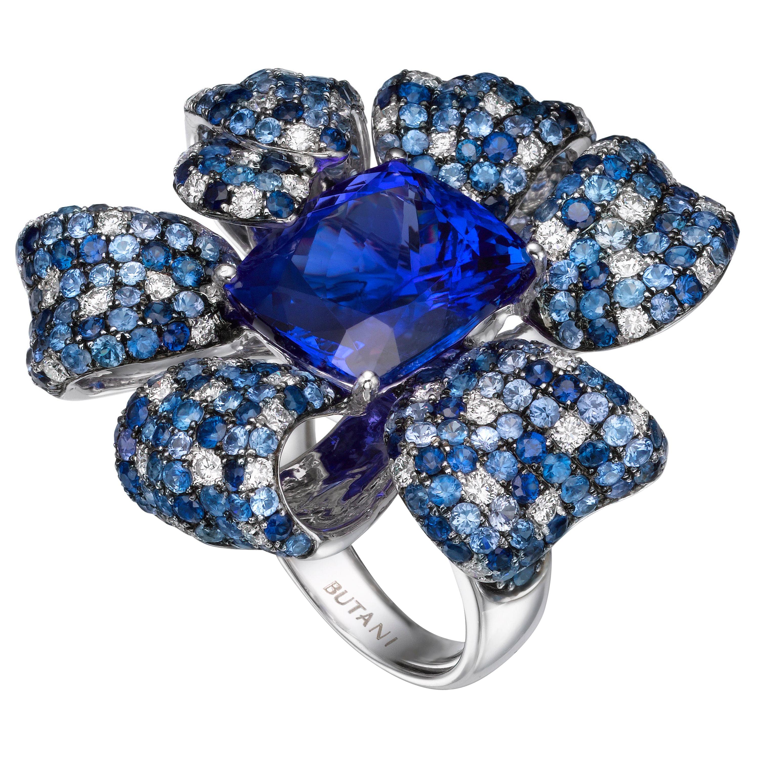 13.12 Carat Cushion-Cut Tanzanite Blue Sapphire Diamond 18 Karat White Gold Ring For Sale
