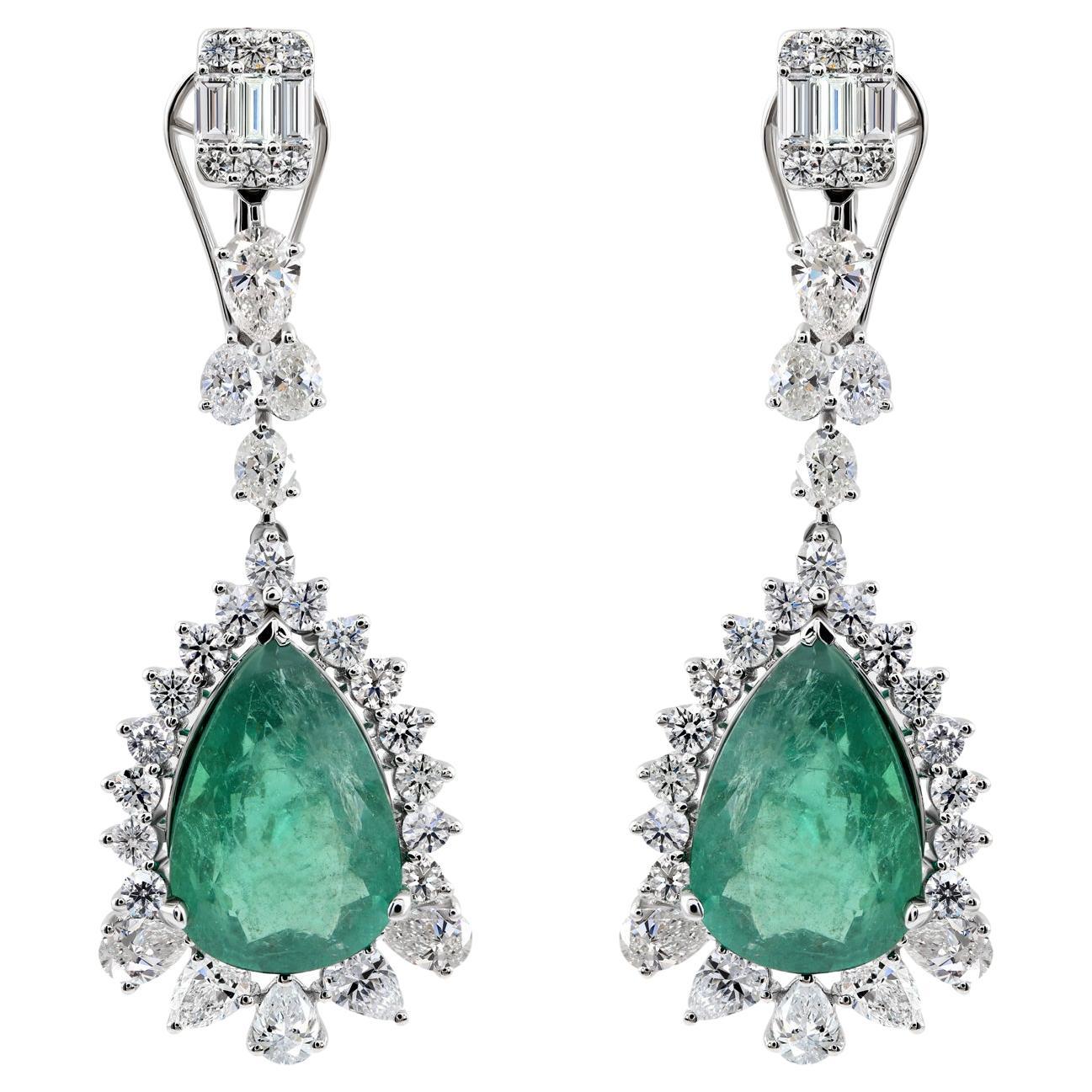 13.12 Carat Emerald 5.58 Carat Diamond Wedding Drop Earrings 14 Karat White Gold