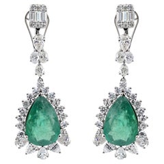 13.12 Carat Emerald 5.58 Carat Diamond Wedding Drop Earrings 14 Karat White Gold