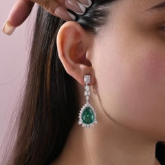 Zambian Emerald Pear Drop Diamond Earrings 18K White Gold Wedding 13.12 Carat