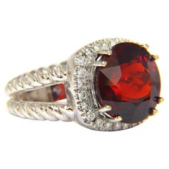 13.12CT Natural Spessartite Garnet Diamonds Ring Vivid Red 14KT Rope Twist*