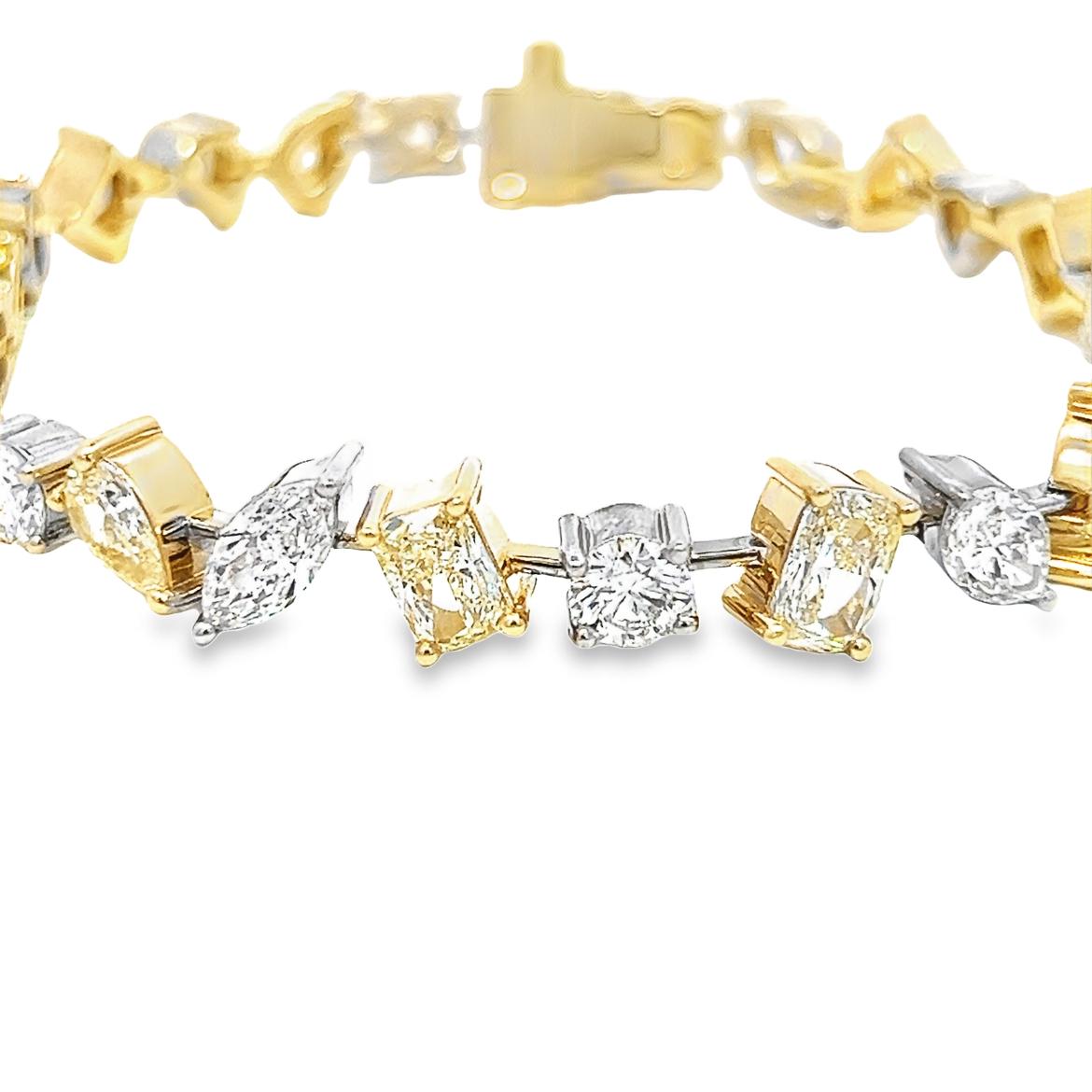 Mixed Cut 13.12CT Total weight  Natural Multi-shape Diamond Bracelet, Set in 18KY/W Gold For Sale