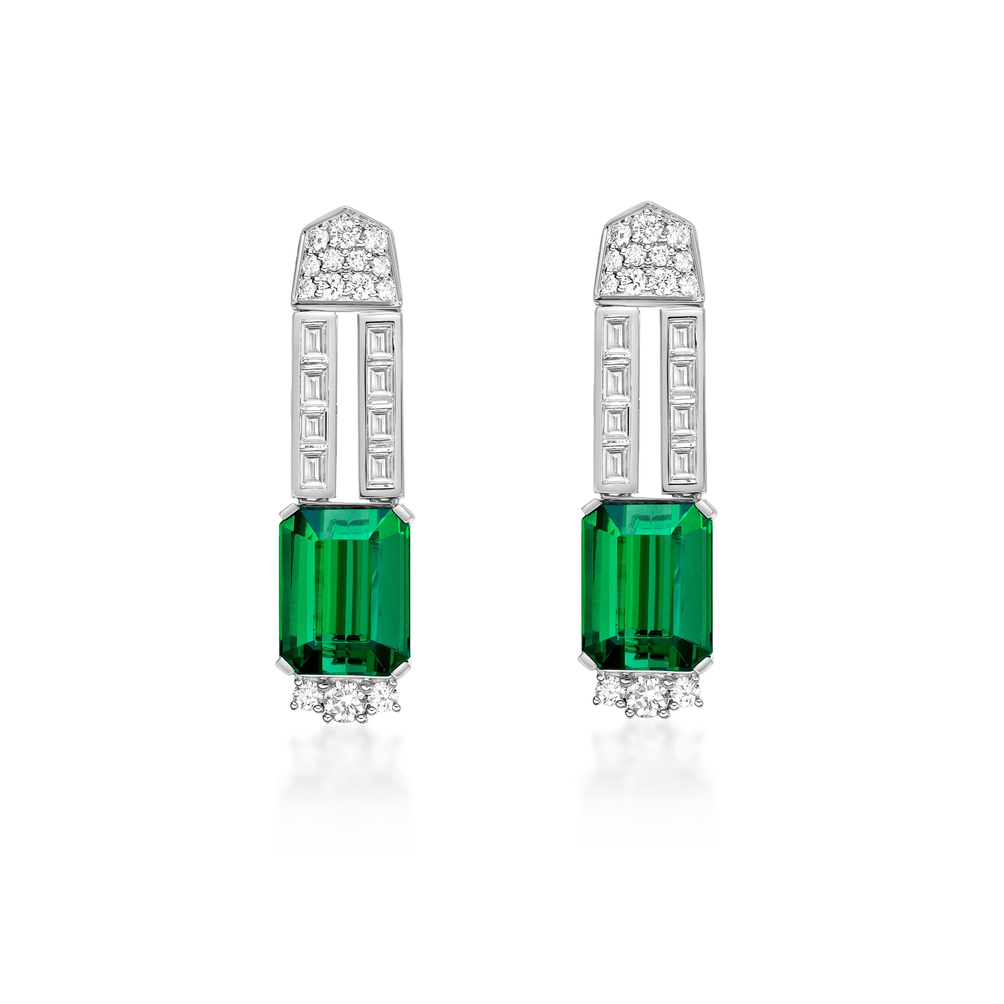 Contemporary 13.13 Carat Green Tourmaline Drop Earrings in 18Karat White Gold with Diamond. For Sale