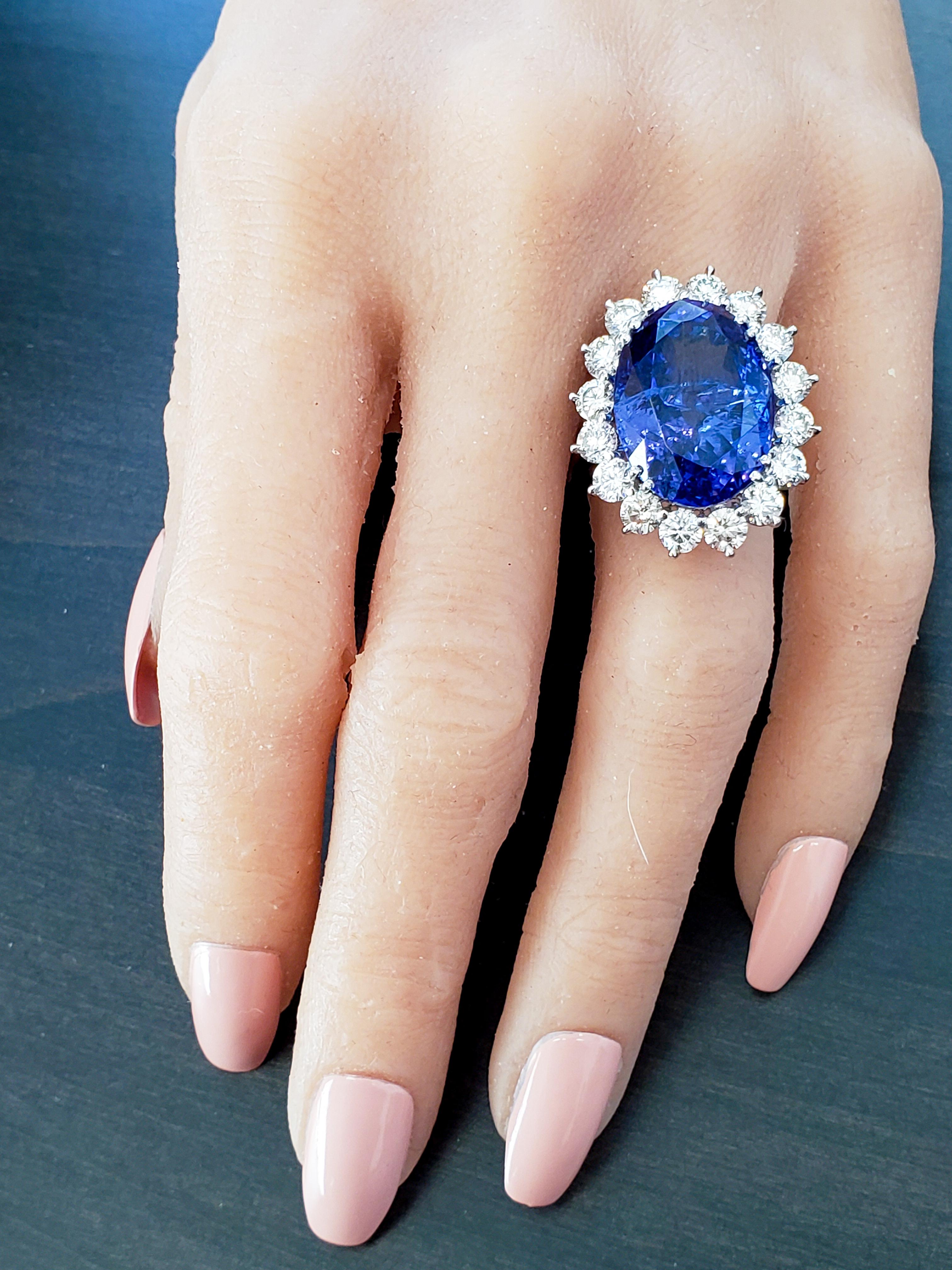 Contemporary 13.14 Carat Oval Tanzanite and Diamond Cocktail Ring in Platinum