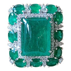 13.15 Carat Emerald Cabochon and Diamond Ring Set in 18 Karat Gold