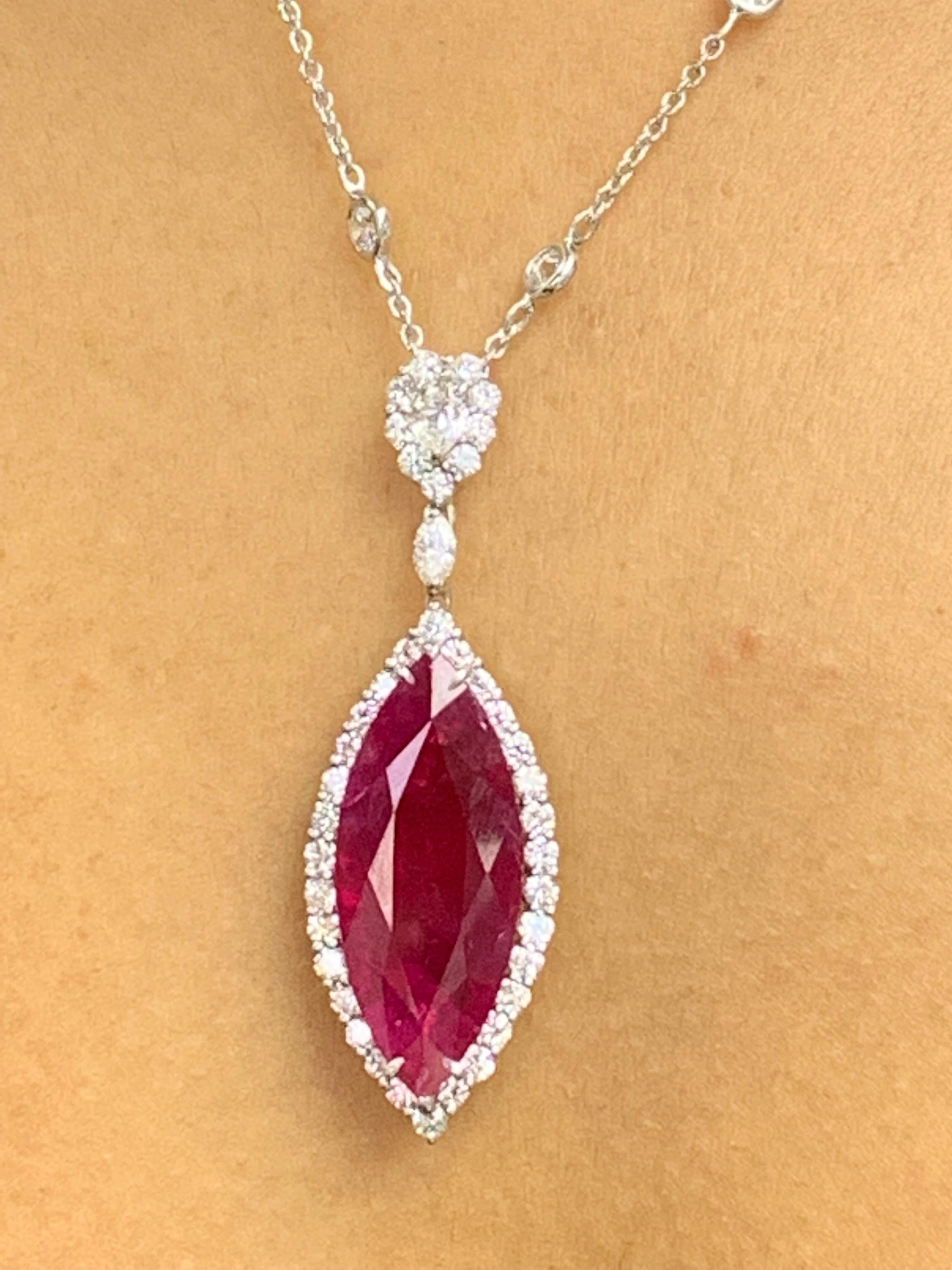 13.15 Carat Marquise Ruby and Diamond Halo Drop Necklace in 18K White Gold For Sale 7